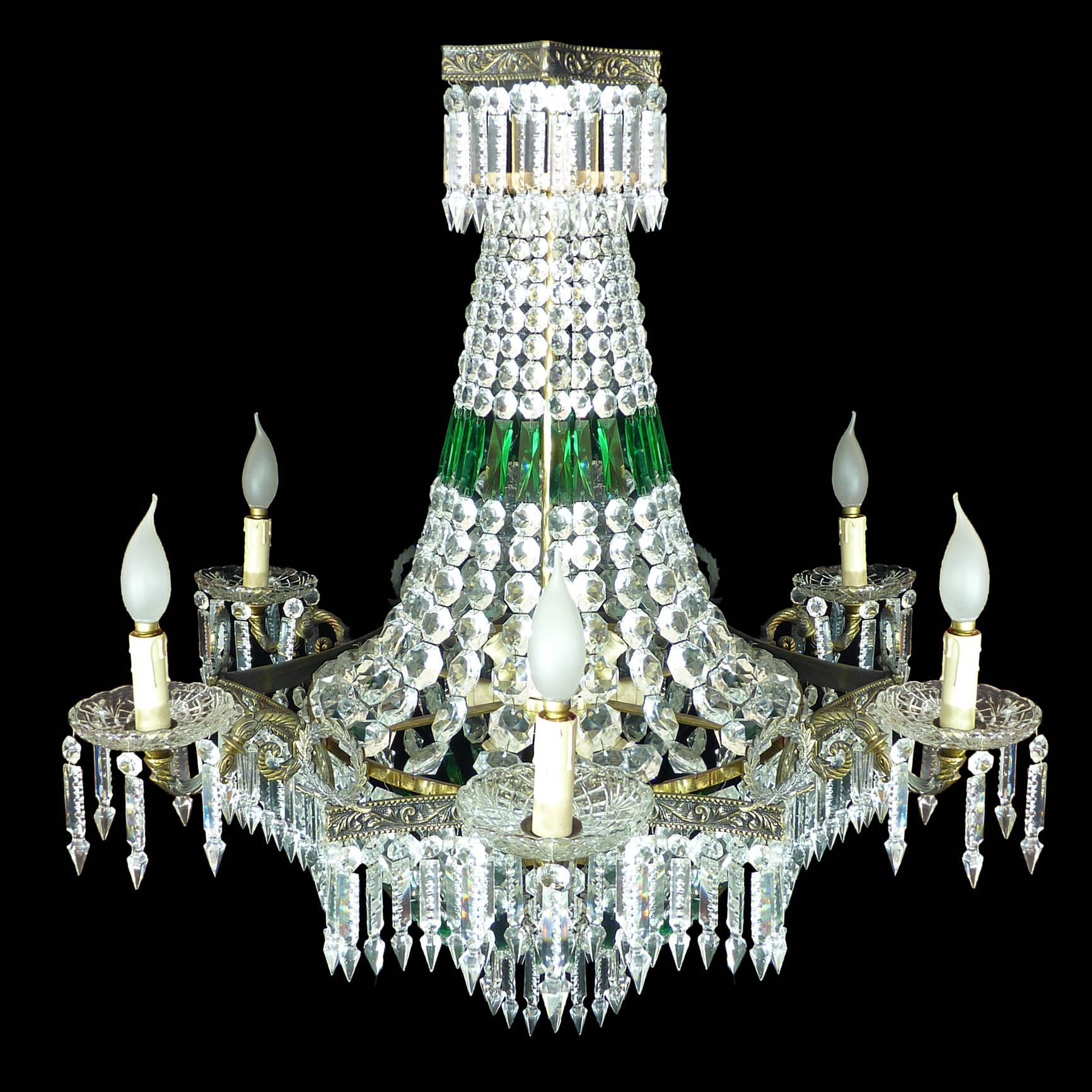 Monumental Louis XV Empire Green Crystal Bronze 15-Light Basket Chandelier In Excellent Condition For Sale In Coimbra, PT
