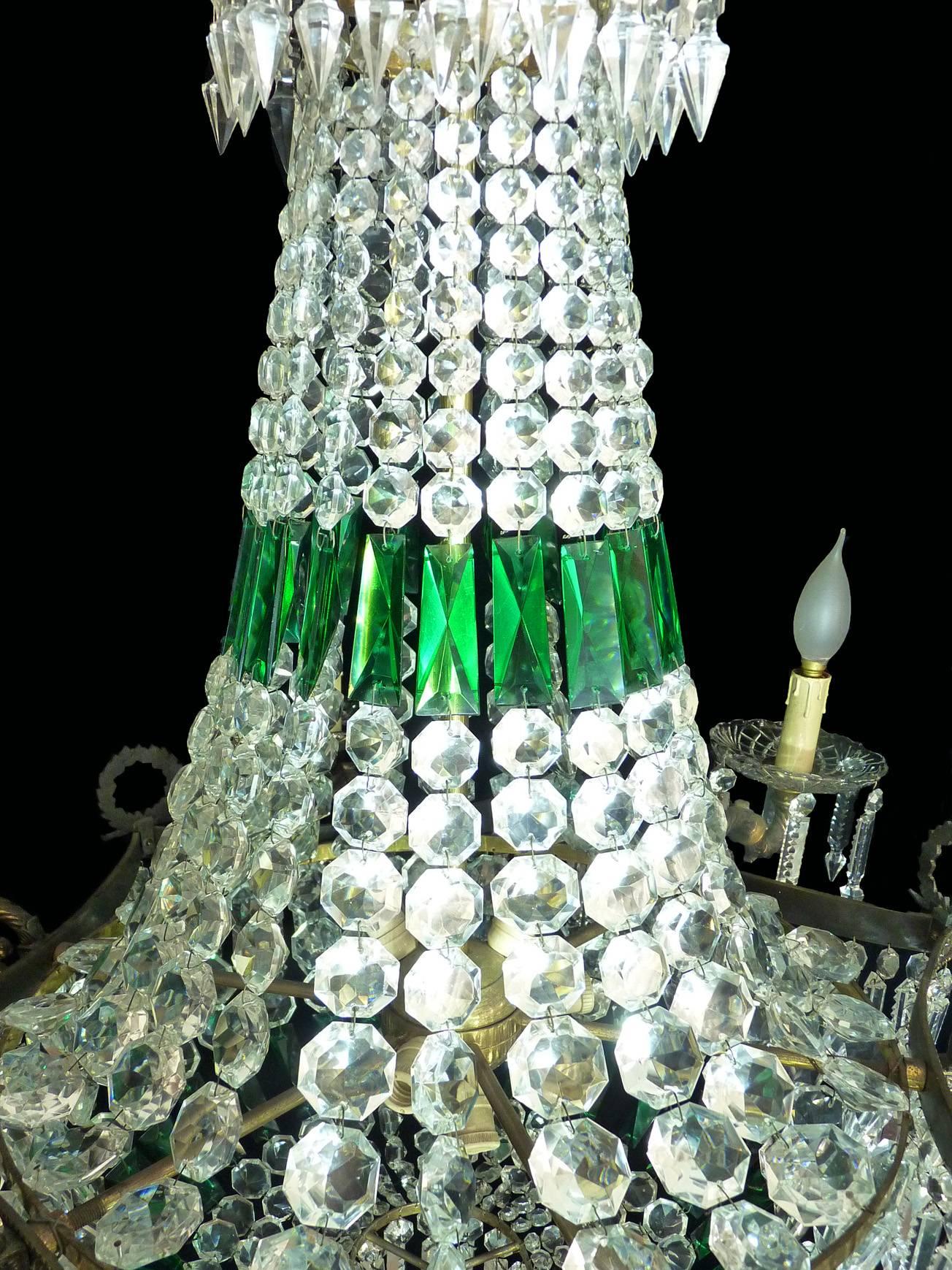 20th Century Monumental Louis XV Empire Green Crystal Bronze 15-Light Basket Chandelier For Sale