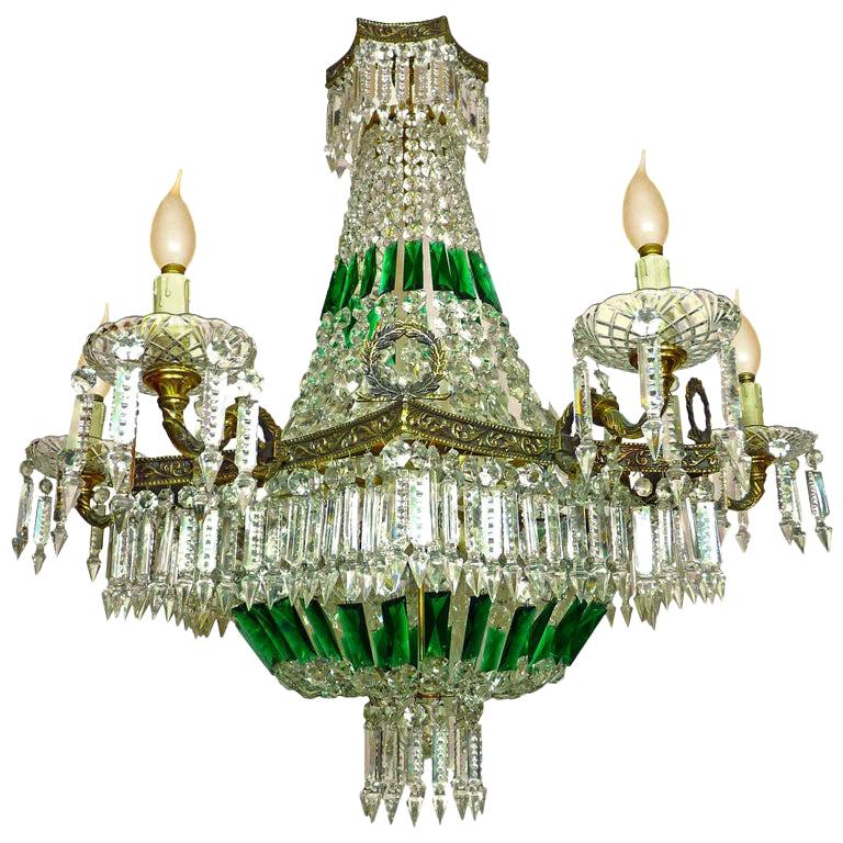 Monumental Louis XV Empire Green Crystal Bronze 15-Light Basket Chandelier
