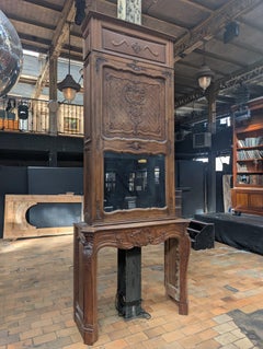 Monumental Louis XV Style Carved Oak Fireplace with Matching Overmantel Mirror