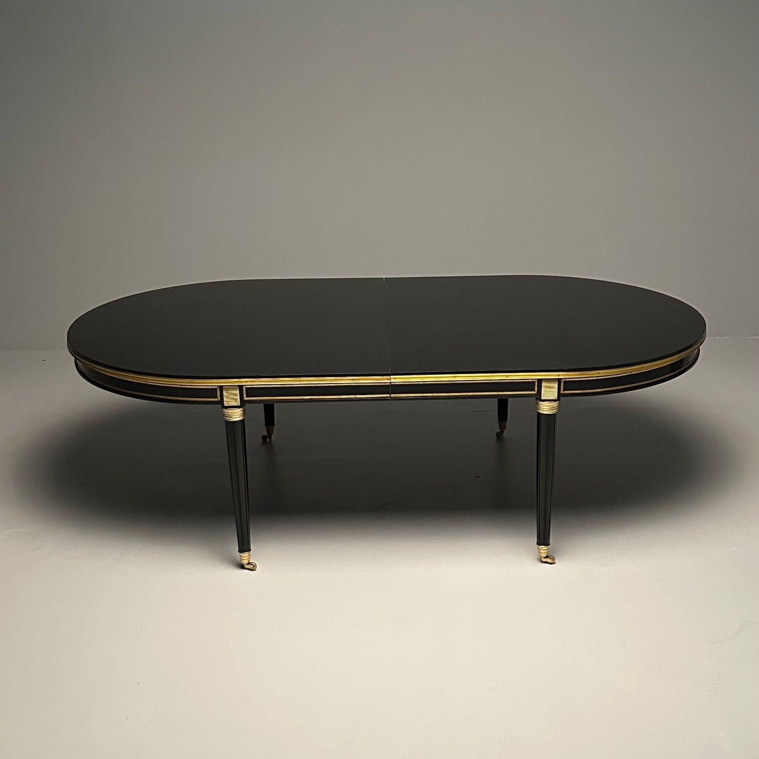 European Louis XVI, Hollywood Regency, Large Dining Table, Black Lacquer, Bronze Mounts For Sale