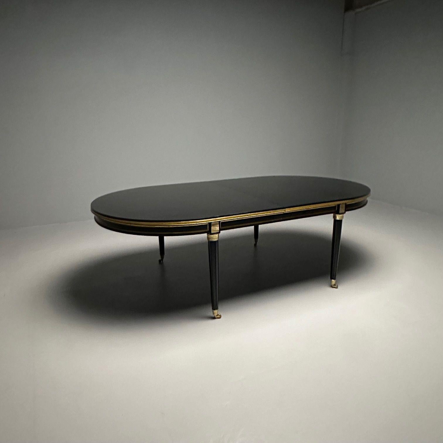 Louis XVI, Hollywood Regency, Large Dining Table, Black Lacquer, Bronze Mounts In Good Condition For Sale In Stamford, CT