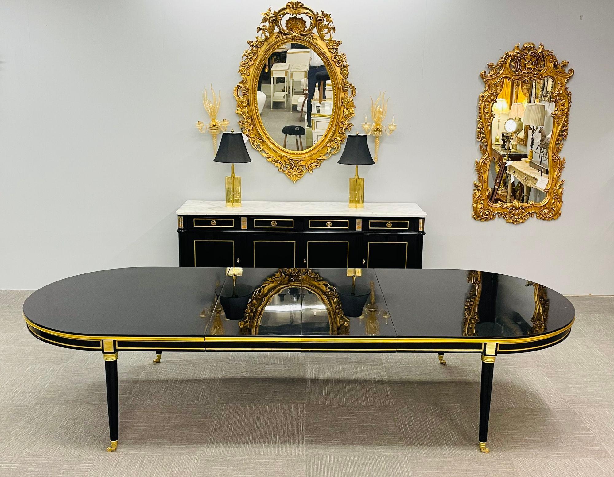 Louis XVI, Hollywood Regency, Large Dining Table, Black Lacquer, Bronze Mounts For Sale 2