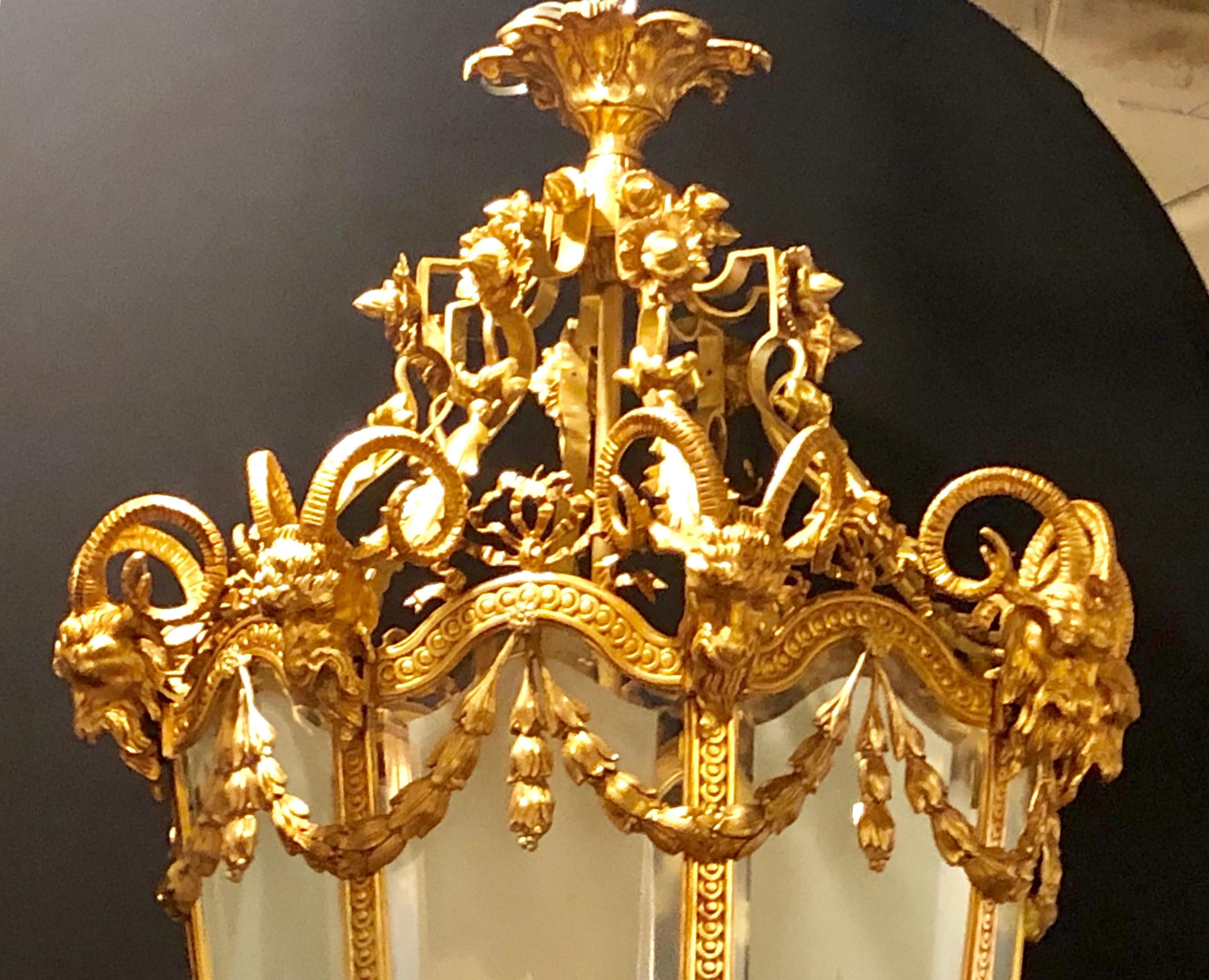 Neoclassical Monumental Louis XVI Style Dore Bronze Large Rams Head Lantern For Sale