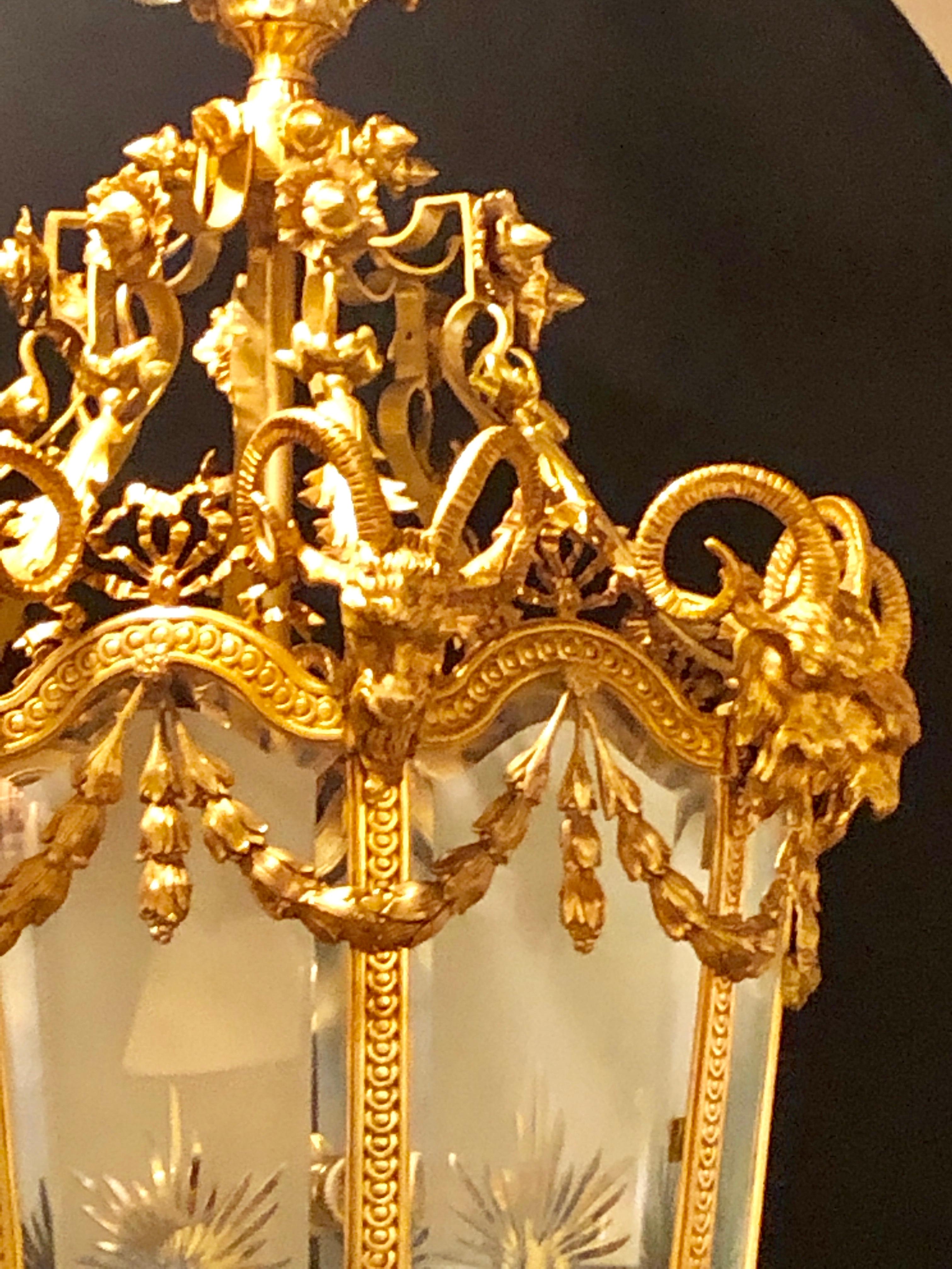 Mid-20th Century Monumental Louis XVI Style Dore Bronze Large Rams Head Lantern For Sale