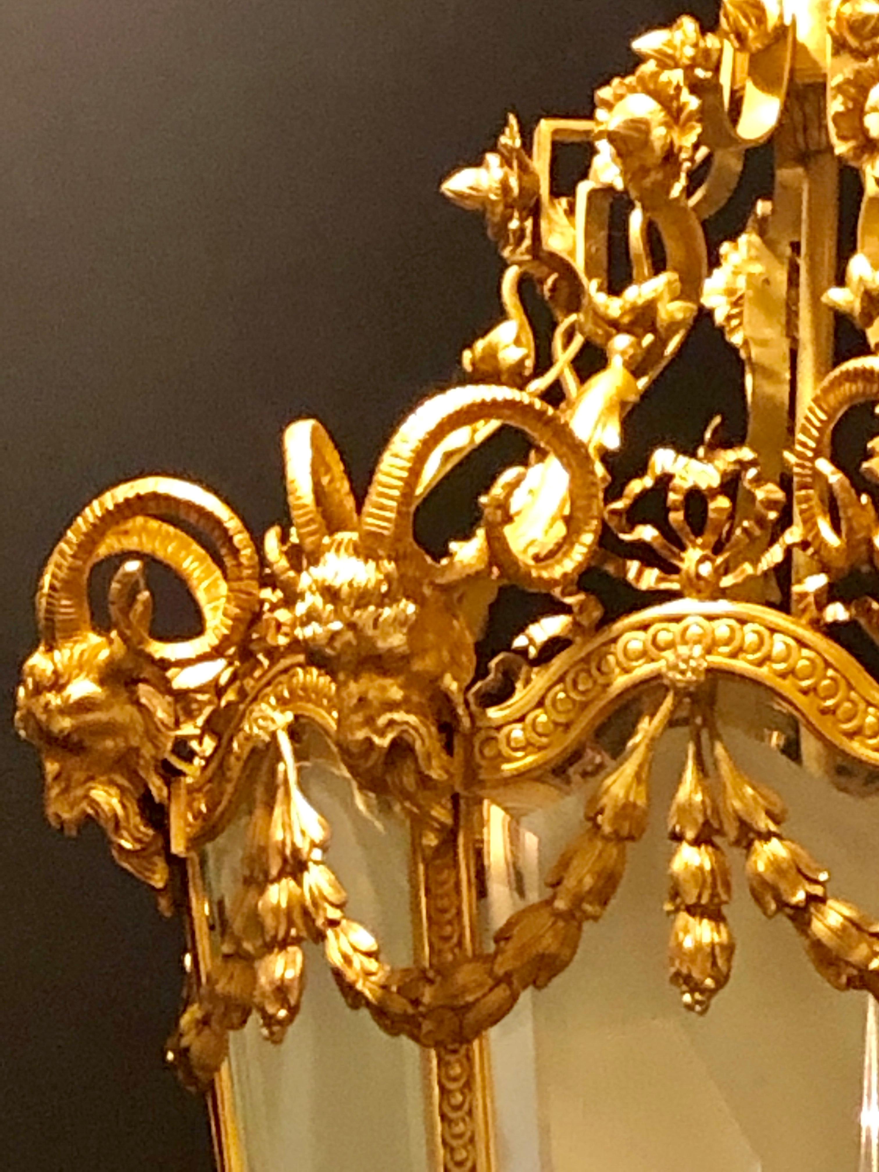 Brass Monumental Louis XVI Style Dore Bronze Large Rams Head Lantern For Sale