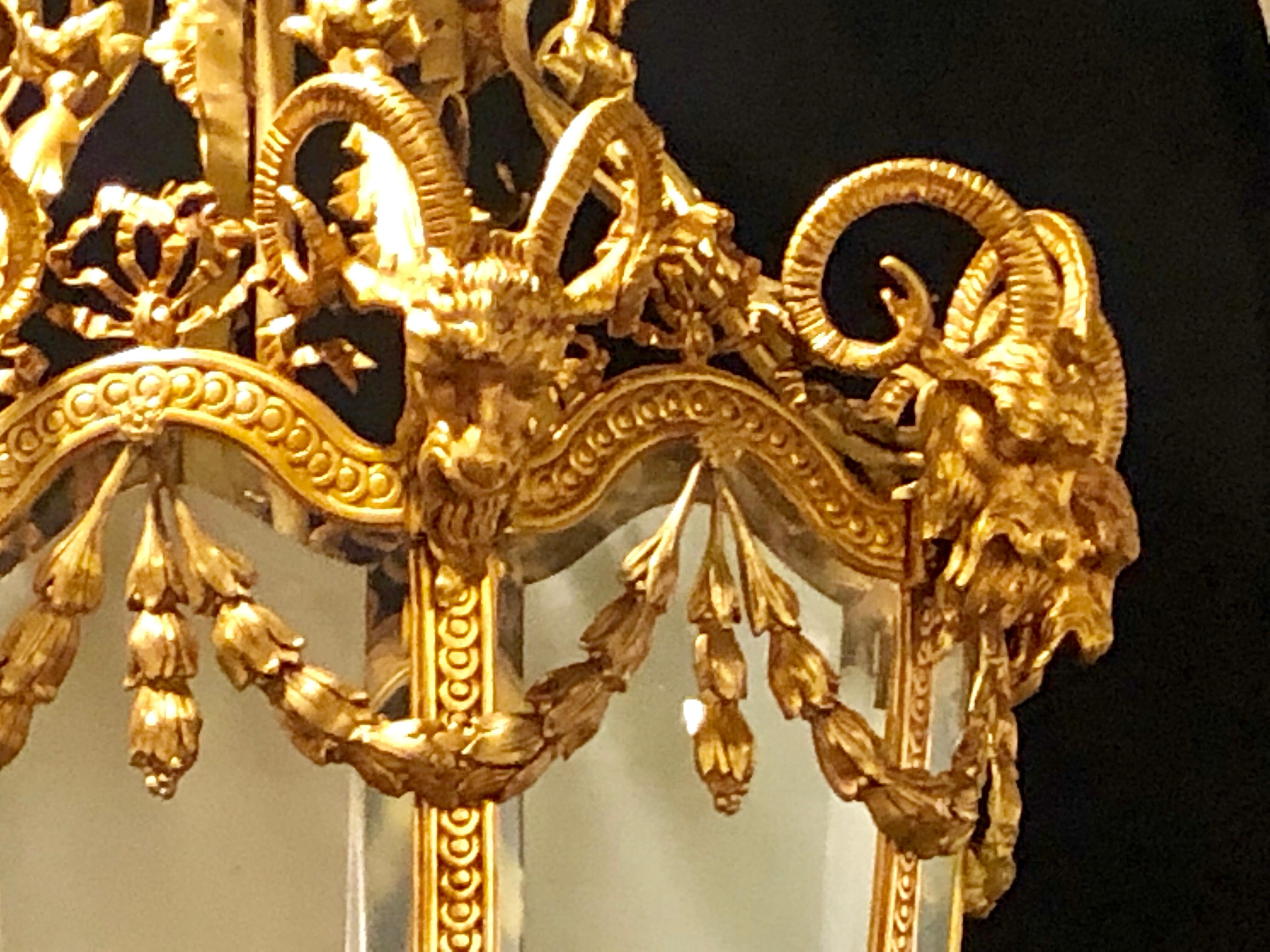 Monumental Louis XVI Style Dore Bronze Large Rams Head Lantern For Sale 2