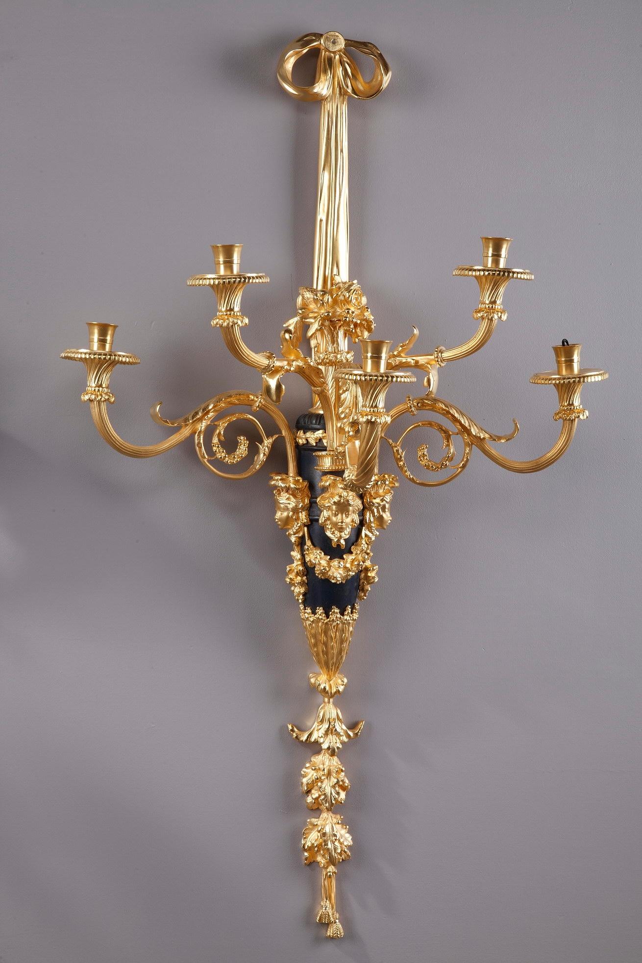Gilt Monumental Louis XVI Style Wall Sconces after Thomire For Sale