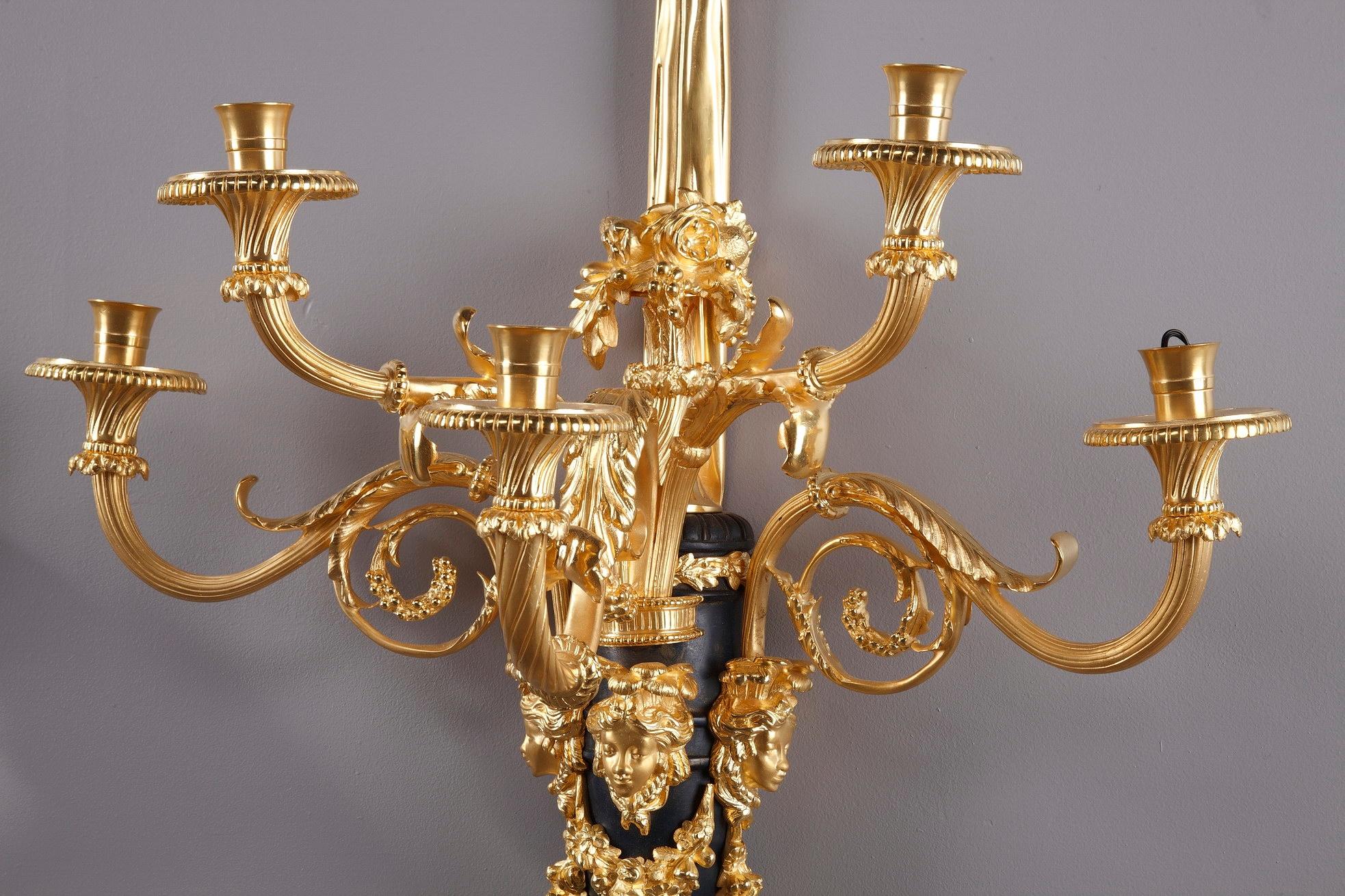 Bronze Monumental Louis XVI Style Wall Sconces after Thomire For Sale