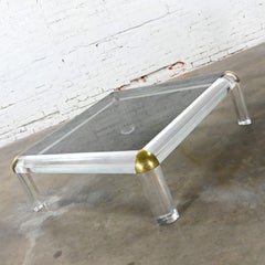 Monumental Lucite & Brass Square Coffee Table Smoke Glass Top Attr Karl Springer