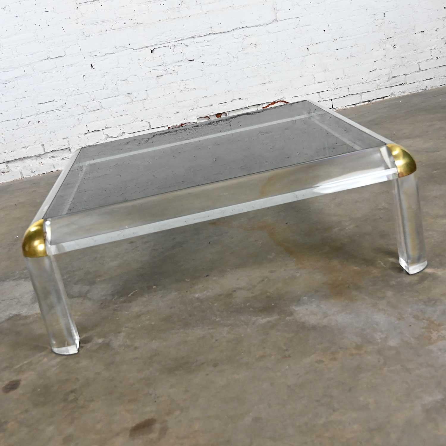 American Monumental Lucite & Brass Square Coffee Table Smoke Glass Top Attr Karl Springer