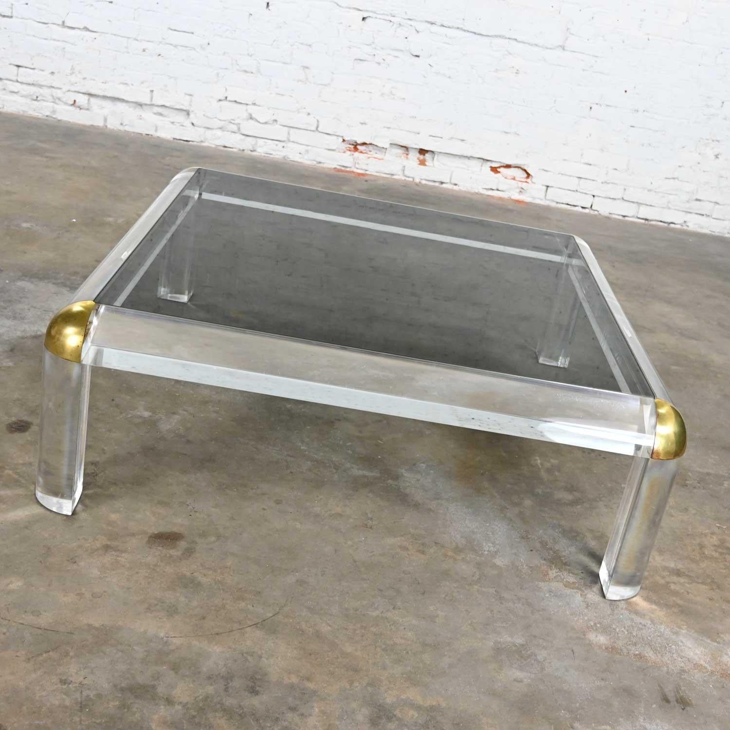 Monumental Lucite & Brass Square Coffee Table Smoke Glass Top Attr Karl Springer In Good Condition In Topeka, KS
