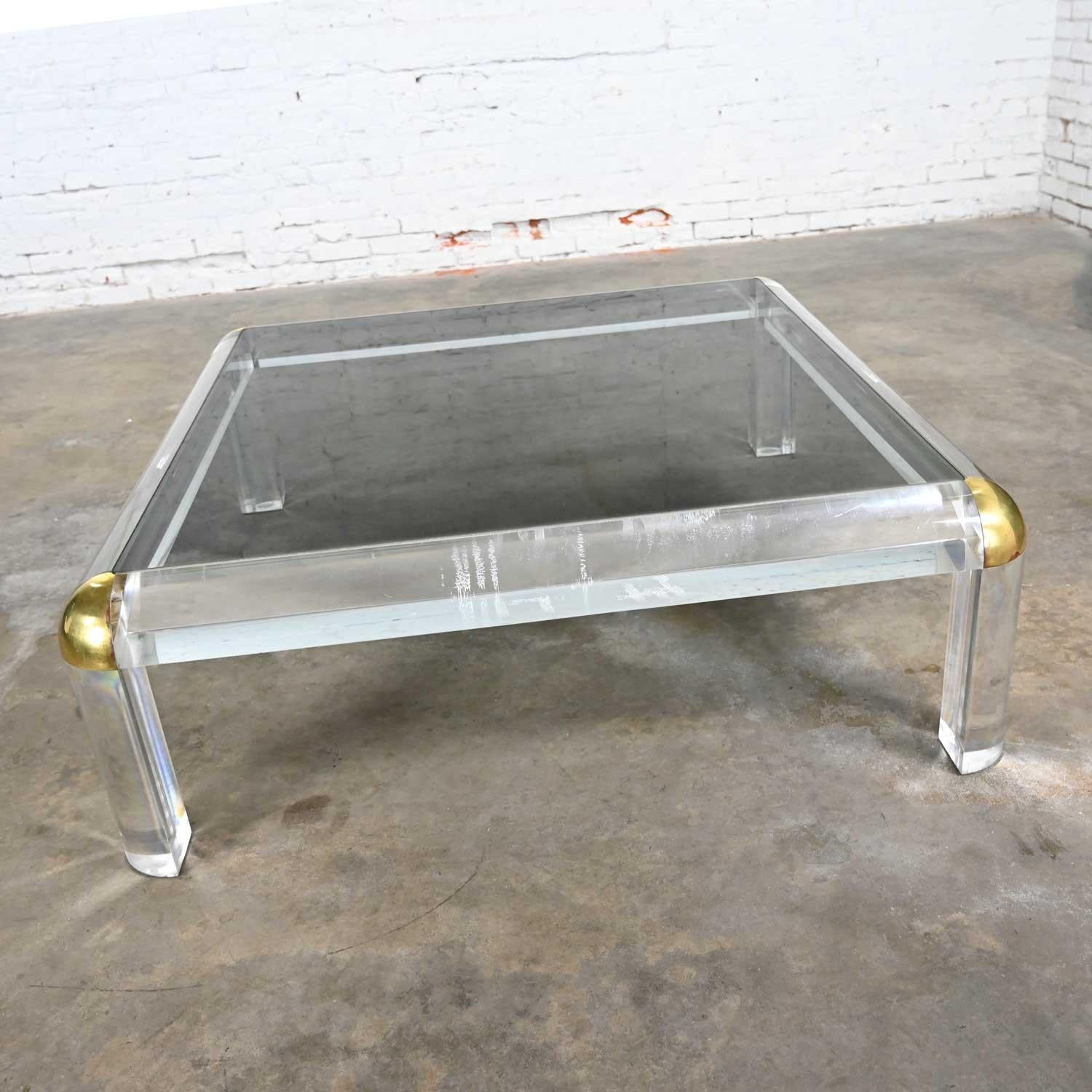 Late 20th Century Monumental Lucite & Brass Square Coffee Table Smoke Glass Top Attr Karl Springer