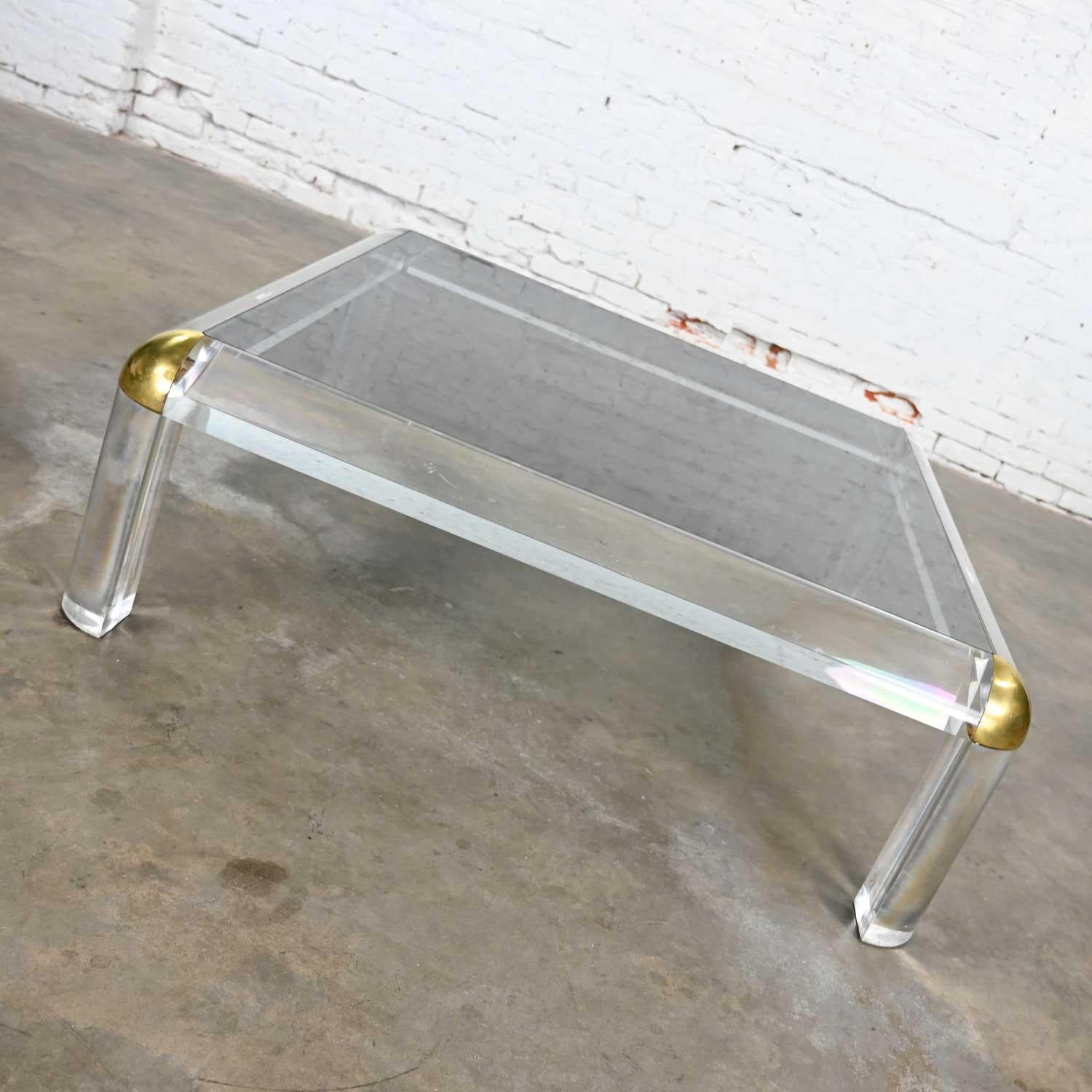 Monumental Lucite & Brass Square Coffee Table Smoke Glass Top Attr Karl Springer 1