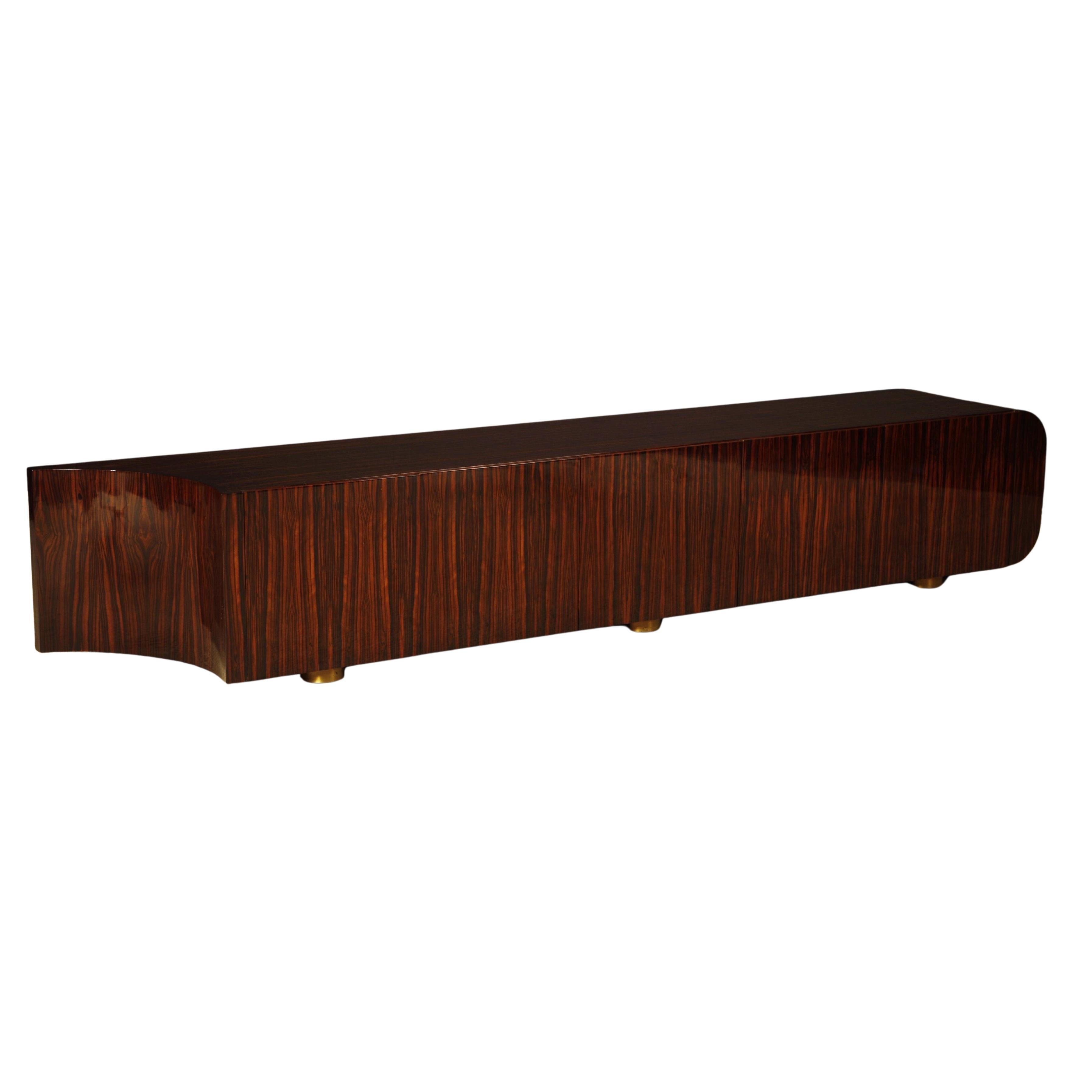 Monumental Macassar and Brass Credenza by Leon Rosen for Johnny Carson, c 1970