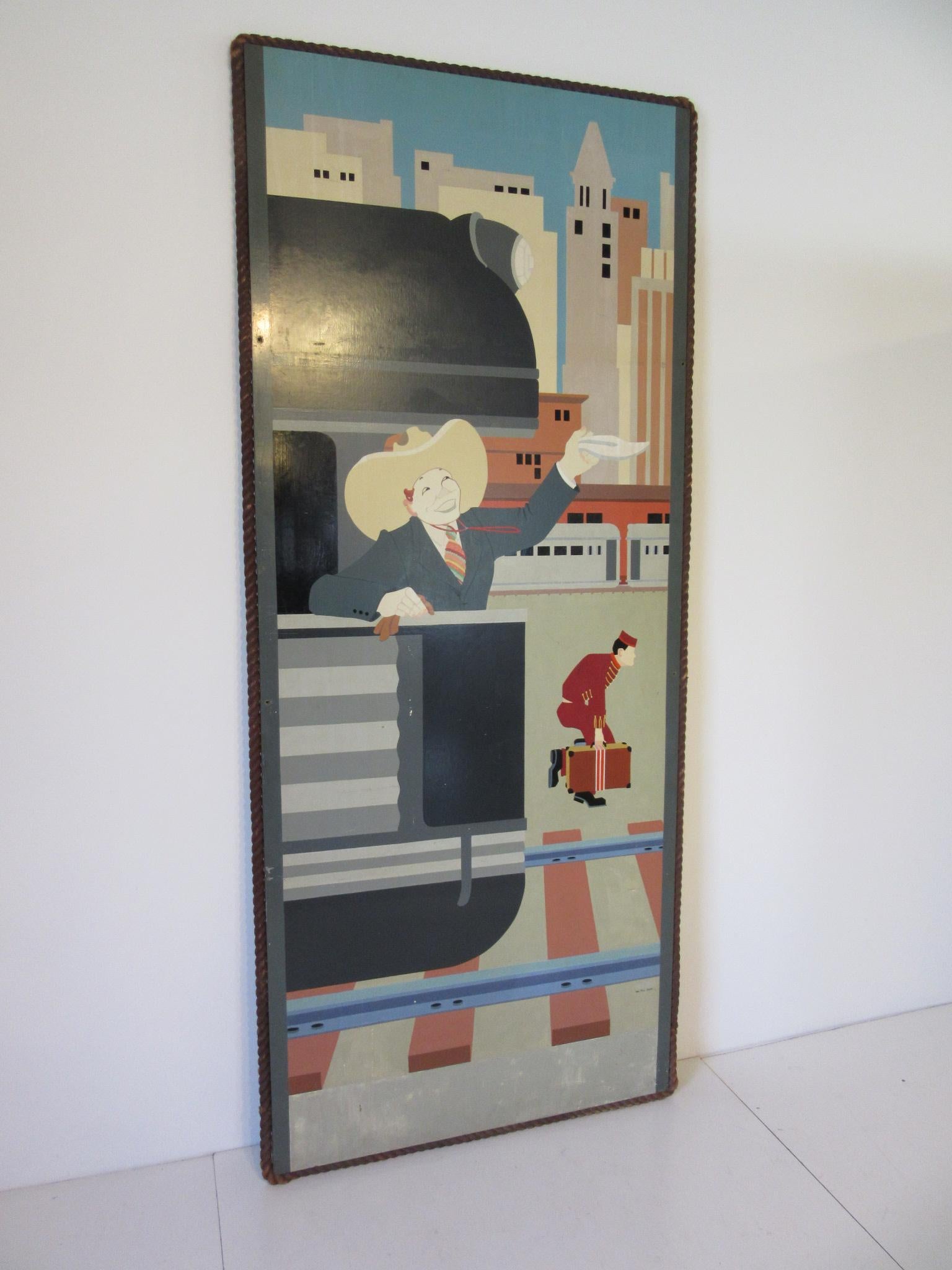 A large monumental Art Deco Machine Age painting on board of a big city skyline and rail yard with porter, train cars and a person saying their good byes from the trains rear platform. Framed with large hemp rope and signed to the lower corner by