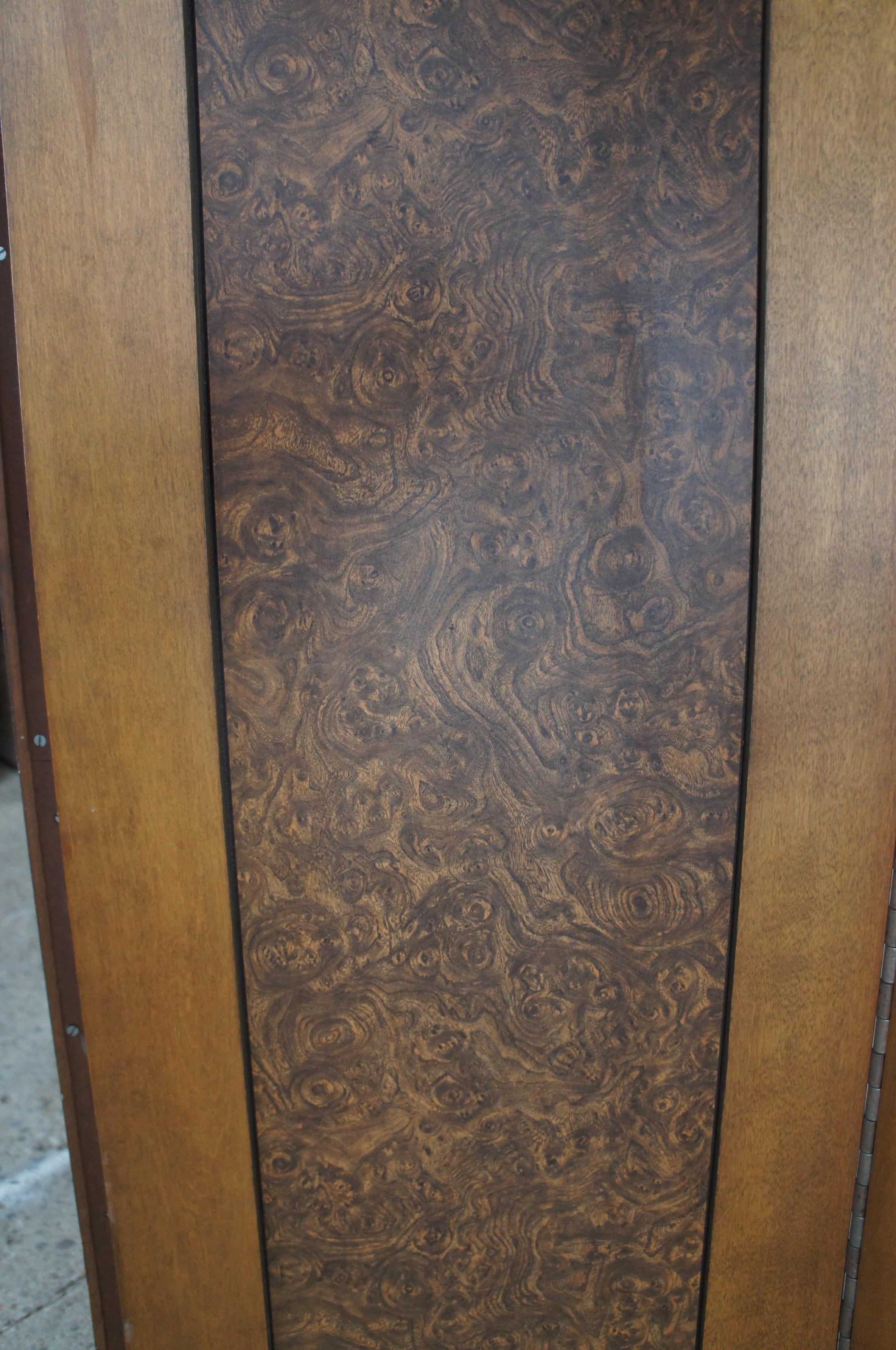 Monumental Mahogany Burl 3 Panel Folding Screen Chinoiserie Room Divider For Sale 1