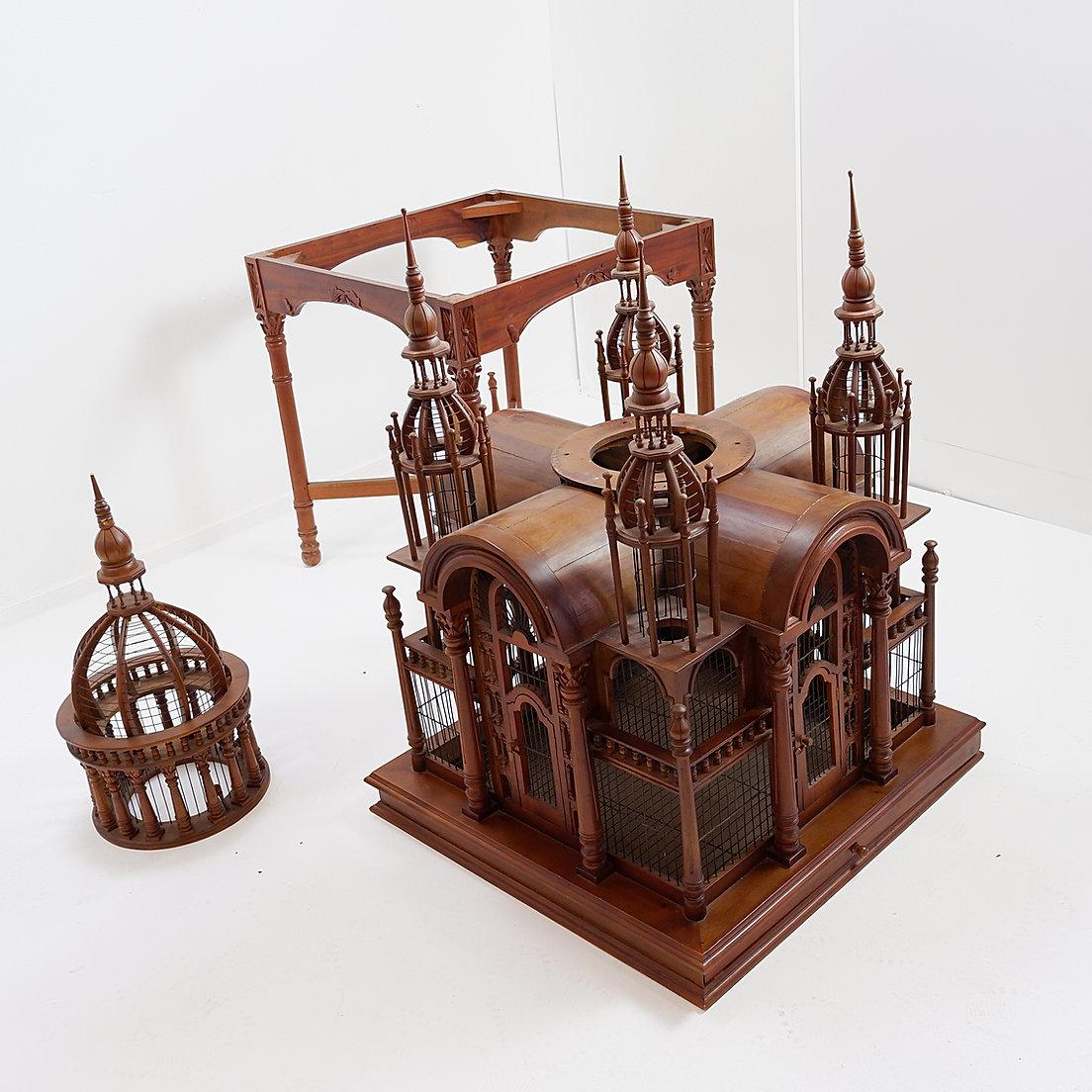 Mid-Century Modern Monumental Mahogany Sacre Coeur Cathedral Bird Cage on Stand, 20th Century For Sale