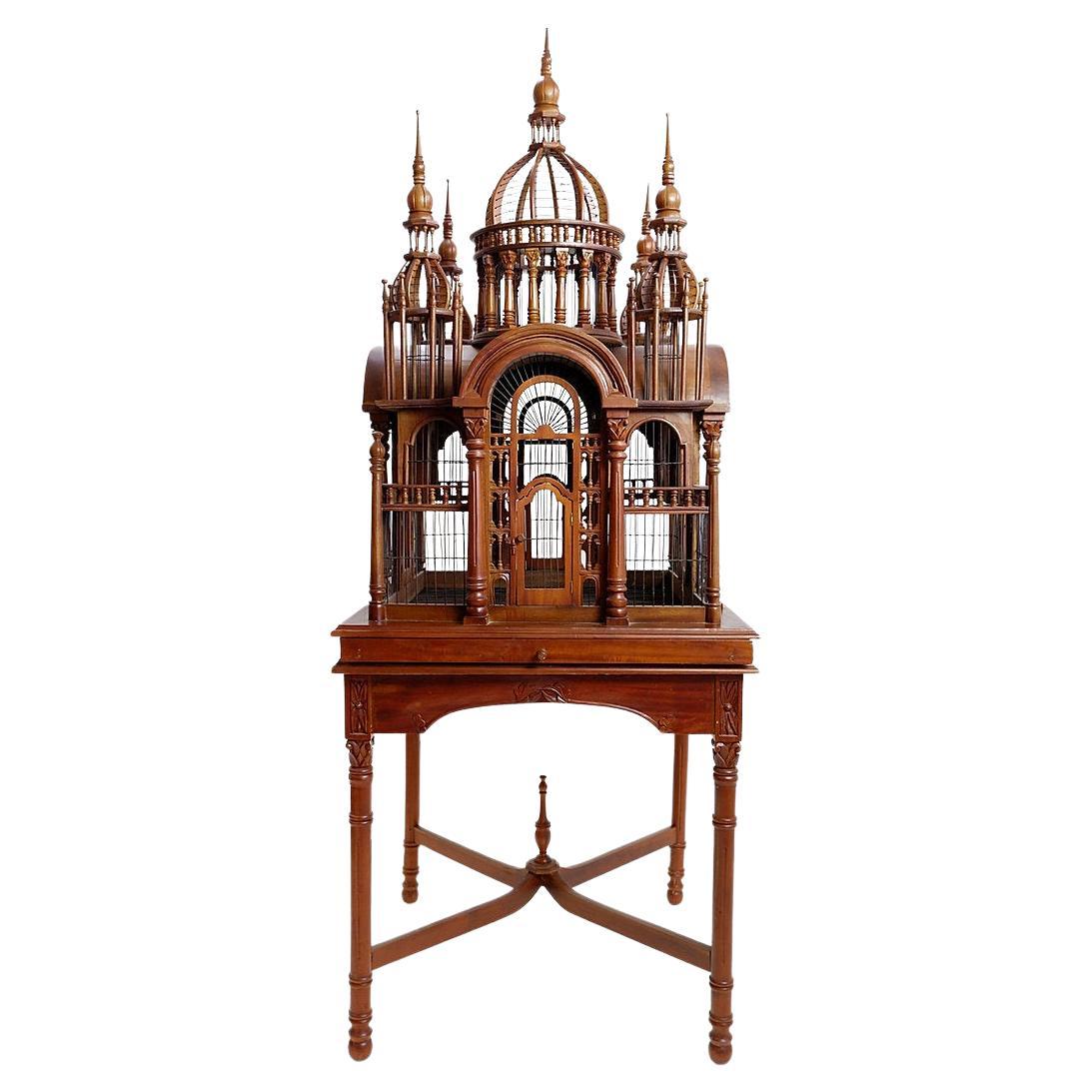 Monumental Mahogany Sacre Coeur Cathedral Bird Cage on Stand, 20th Century For Sale