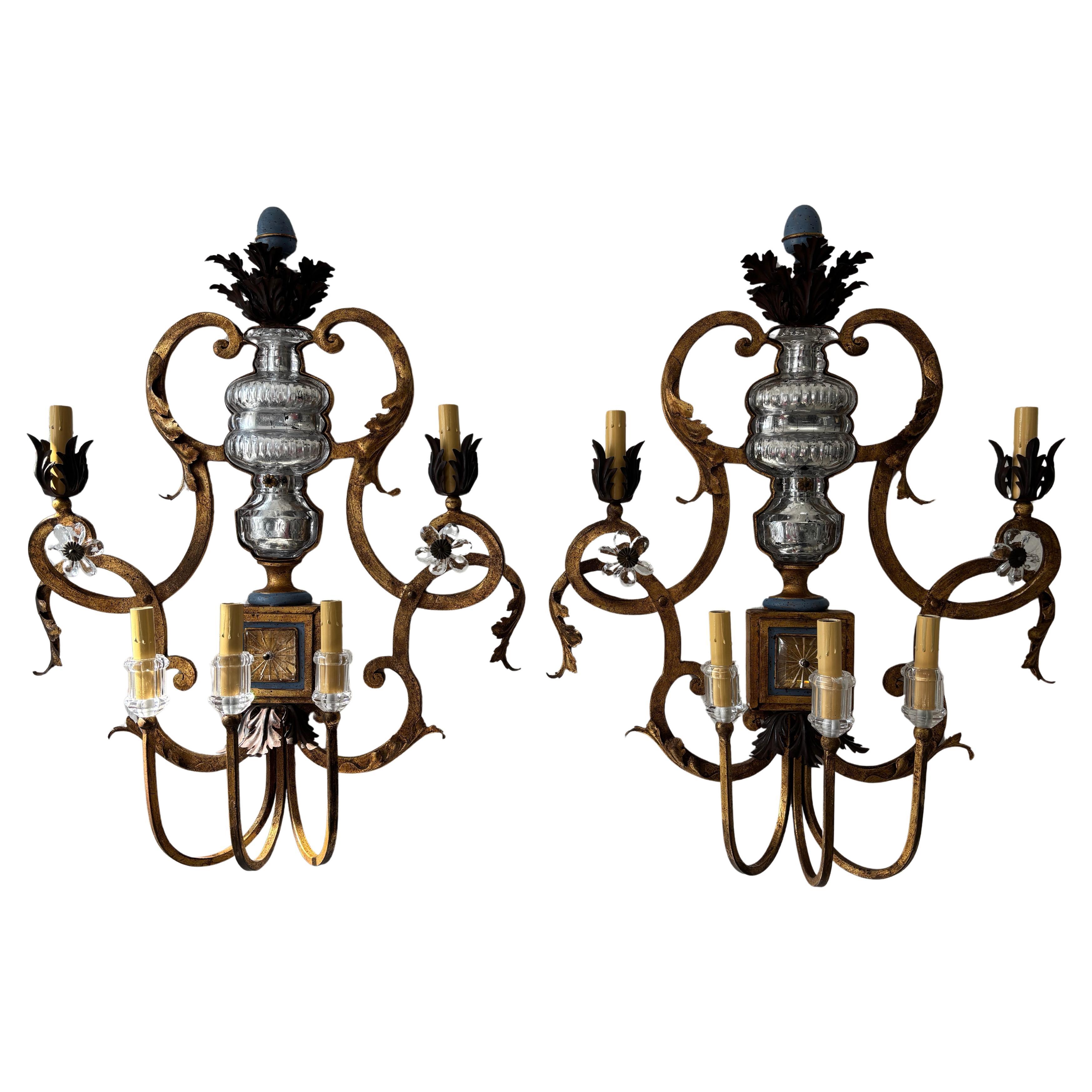 Monumental Maison Bagues Blue & Gold Crystal Flowers Huge French Sconces, c1940