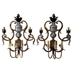 Monumental Maison Bagues Blue & Gold Crystal Flowers Huge French Sconces, c1940