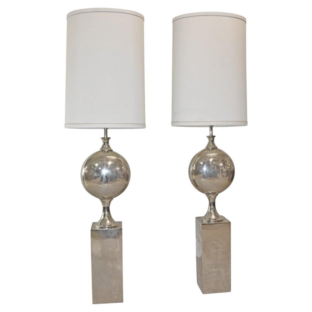 Monumental Maison Barbier Attributed Floor Lamps In Nickel Silver