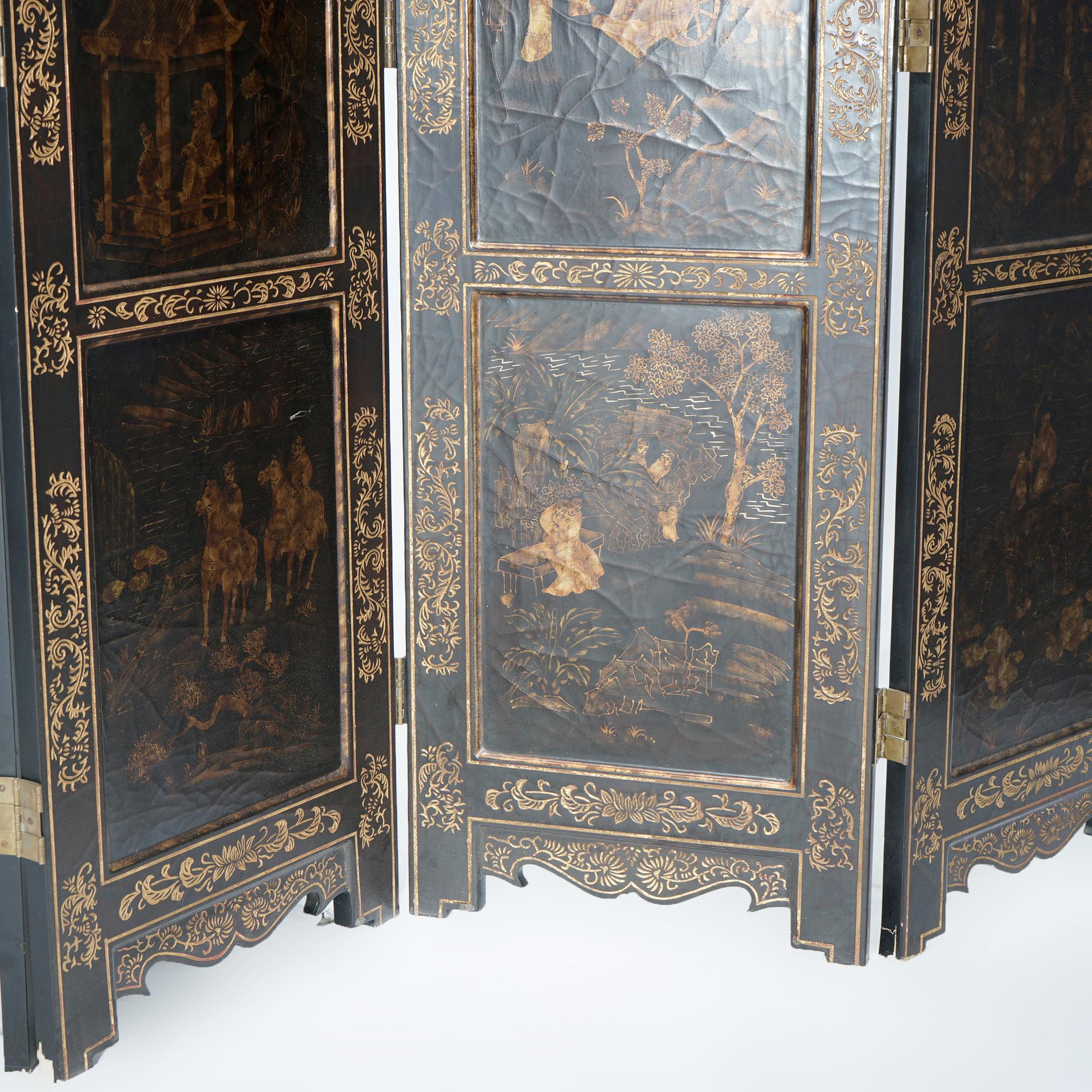 Monumental Maitland Smith Chinoiserie Decorated Carved Six-Panel Screen 20th C 6