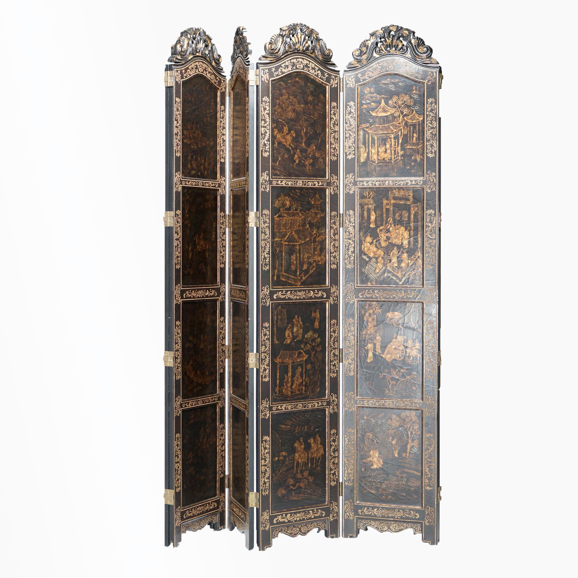 A large oriental screen by Maitland Smith with six ebonized wood panels having foliate carved and pierced crests and Chinoiserie paint decorated panels with genre village scenes, 20th century.
Offers wood construction.

Measures- 106''H x 20.25''W x