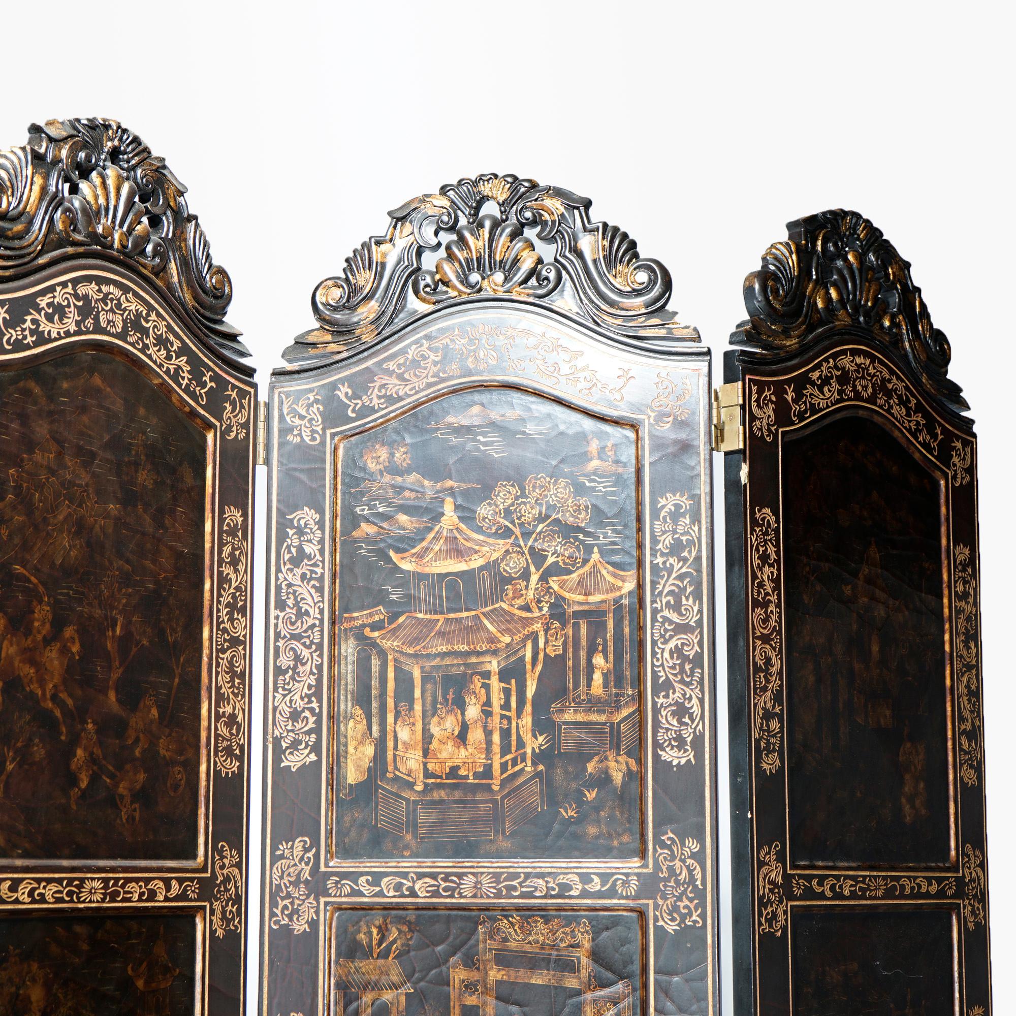 20th Century Monumental Maitland Smith Chinoiserie Decorated Carved Six-Panel Screen 20th C
