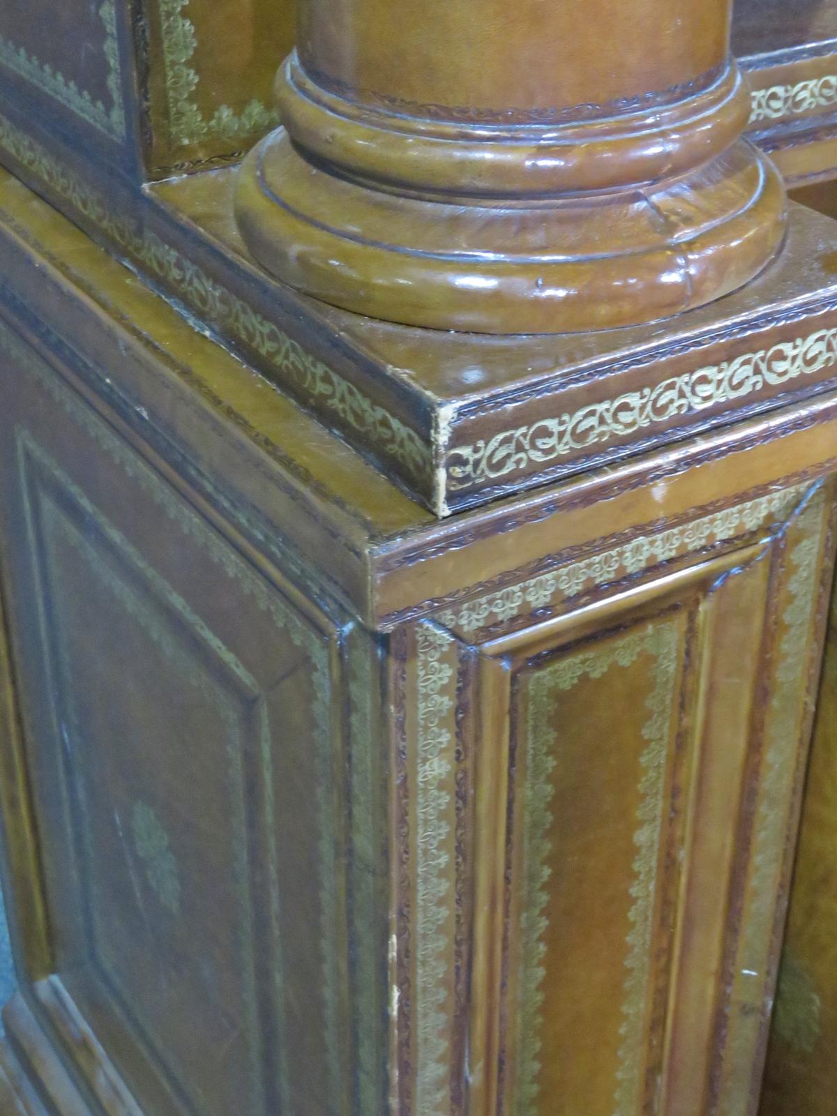 Monumental Maitland Smith Gold Tooled Leather Wrapped Bookcase In Good Condition In Swedesboro, NJ