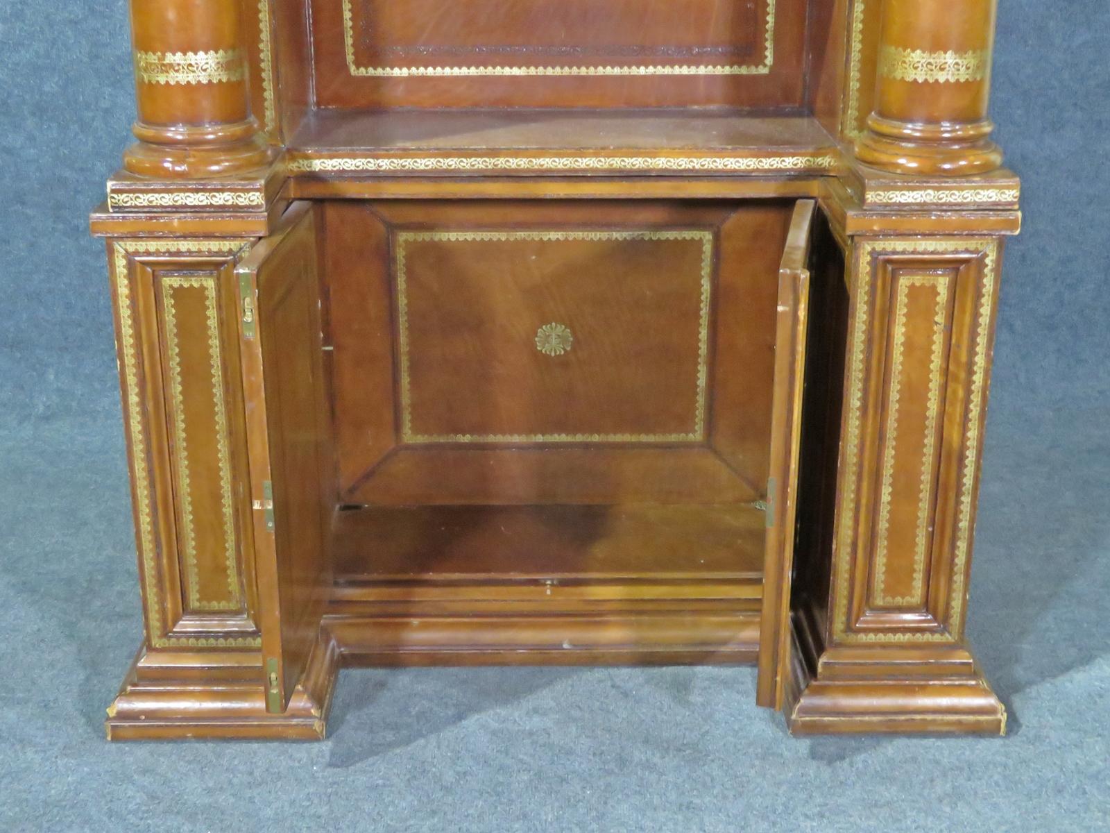 Monumental Maitland Smith Gold Tooled Leather Wrapped Bookcase 1