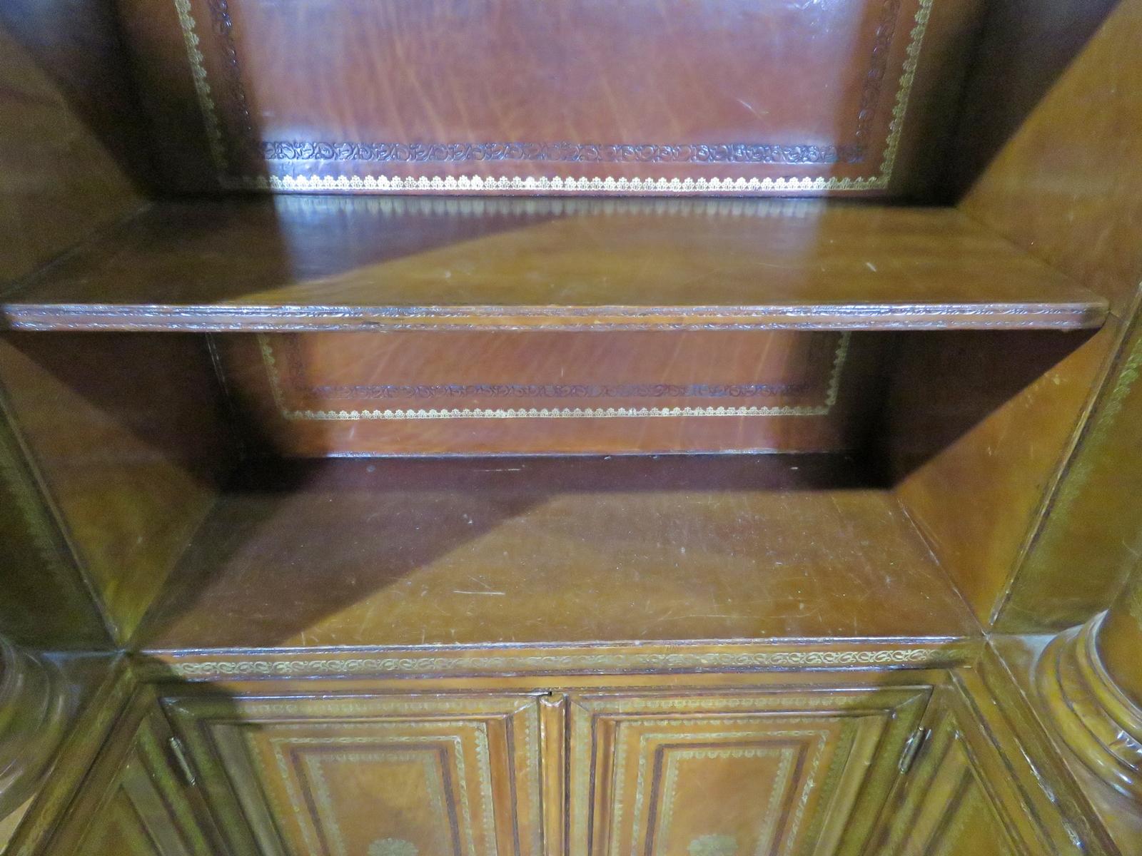 Monumental Maitland Smith Gold Tooled Leather Wrapped Bookcase 2