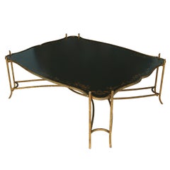 Monumental Maitland Smith Style Coffee Table with Chinoiserie Top and Brass Base
