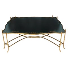 Monumental Maitland Smith Style Coffee Table with Chinoiserie Top and Brass Base