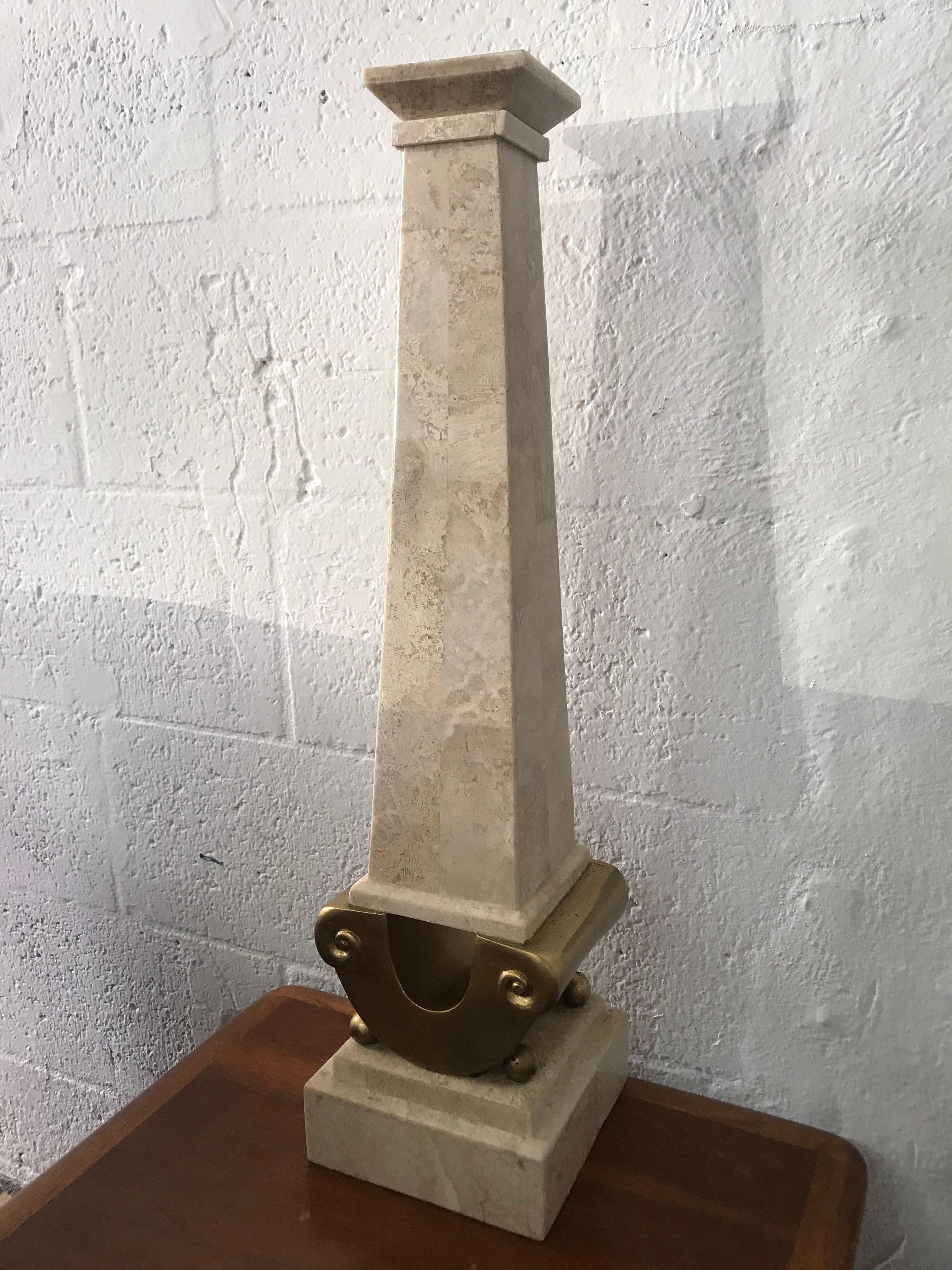 Mid-Century Modern Monumental Maitland Smith Tessellated Marble Stone and Gilt Candlestick For Sale