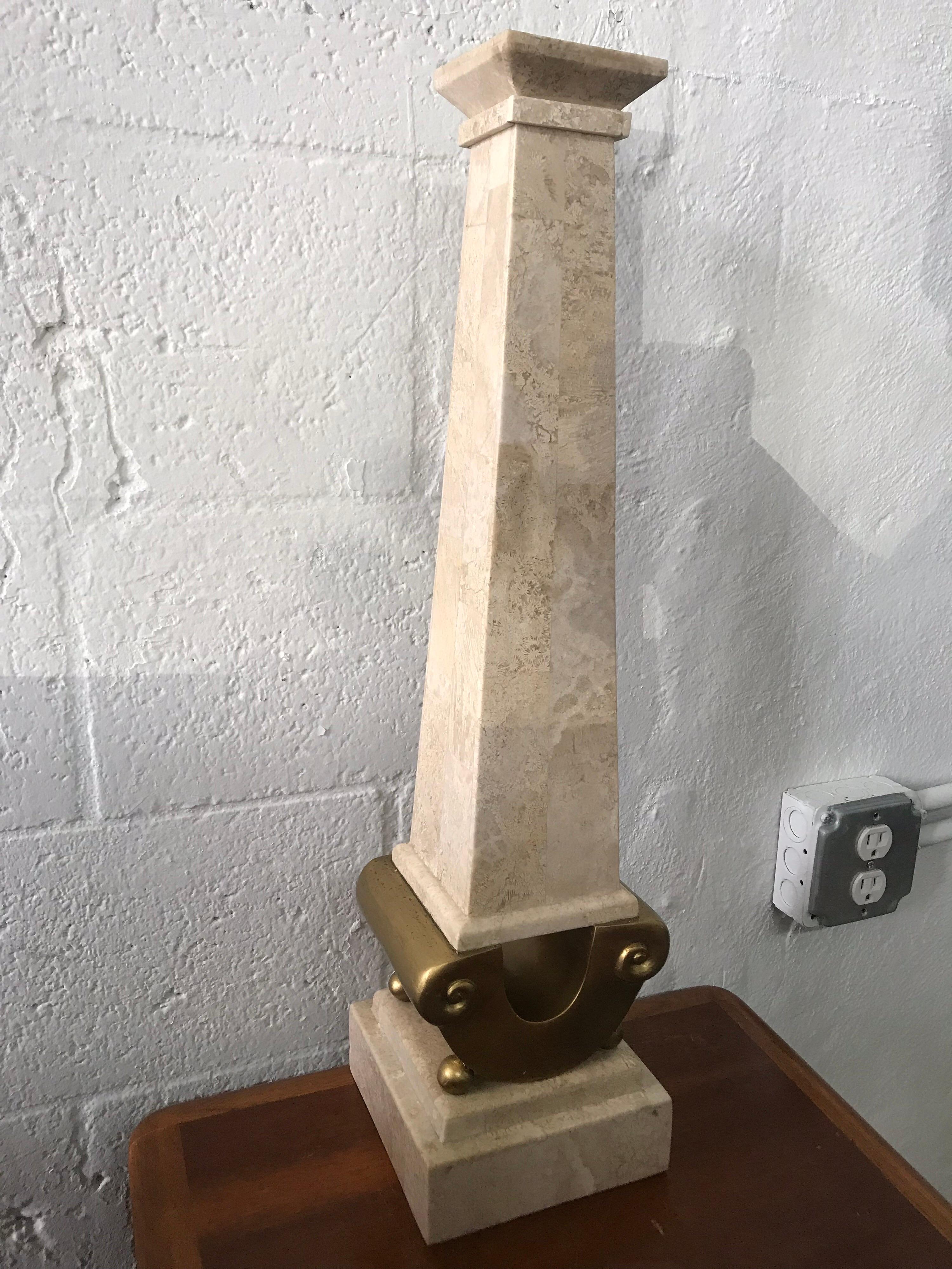 Philippine Monumental Maitland Smith Tessellated Marble Stone and Gilt Candlestick For Sale