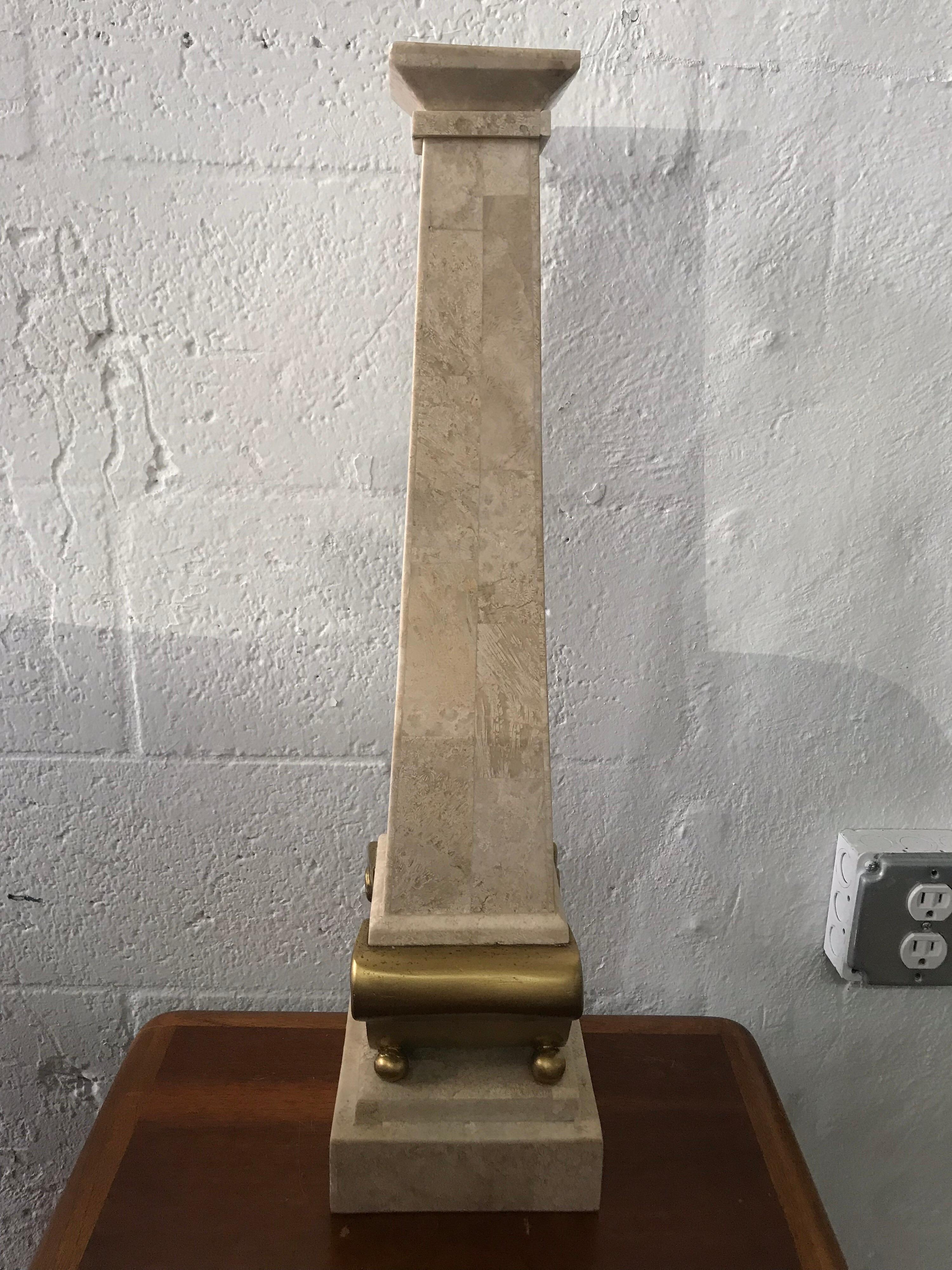 Monumental Maitland Smith Tessellated Marble Stone and Gilt Candlestick In Good Condition For Sale In Miami, FL