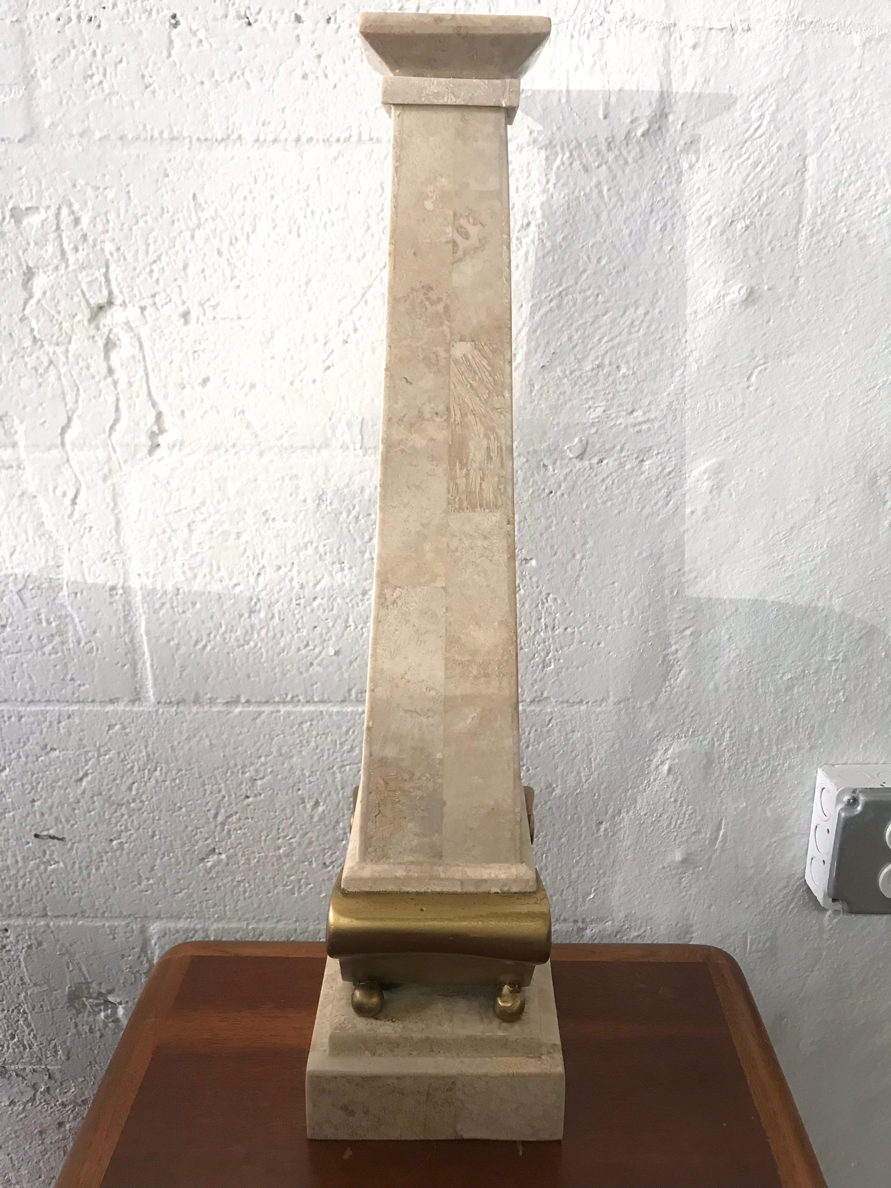 20th Century Monumental Maitland Smith Tessellated Marble Stone and Gilt Candlestick For Sale