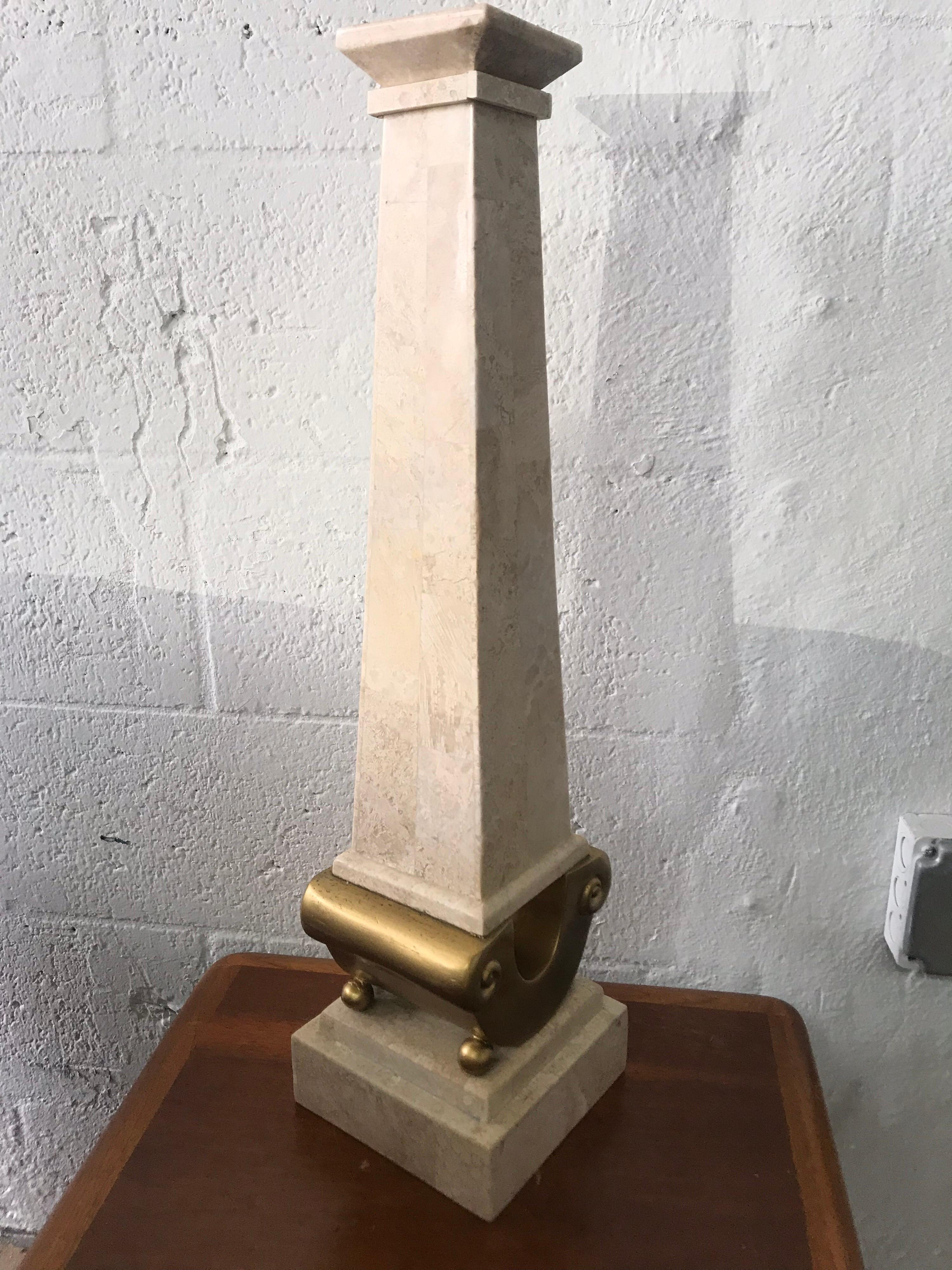 Monumental Maitland Smith Tessellated Marble Stone and Gilt Candlestick For Sale 2