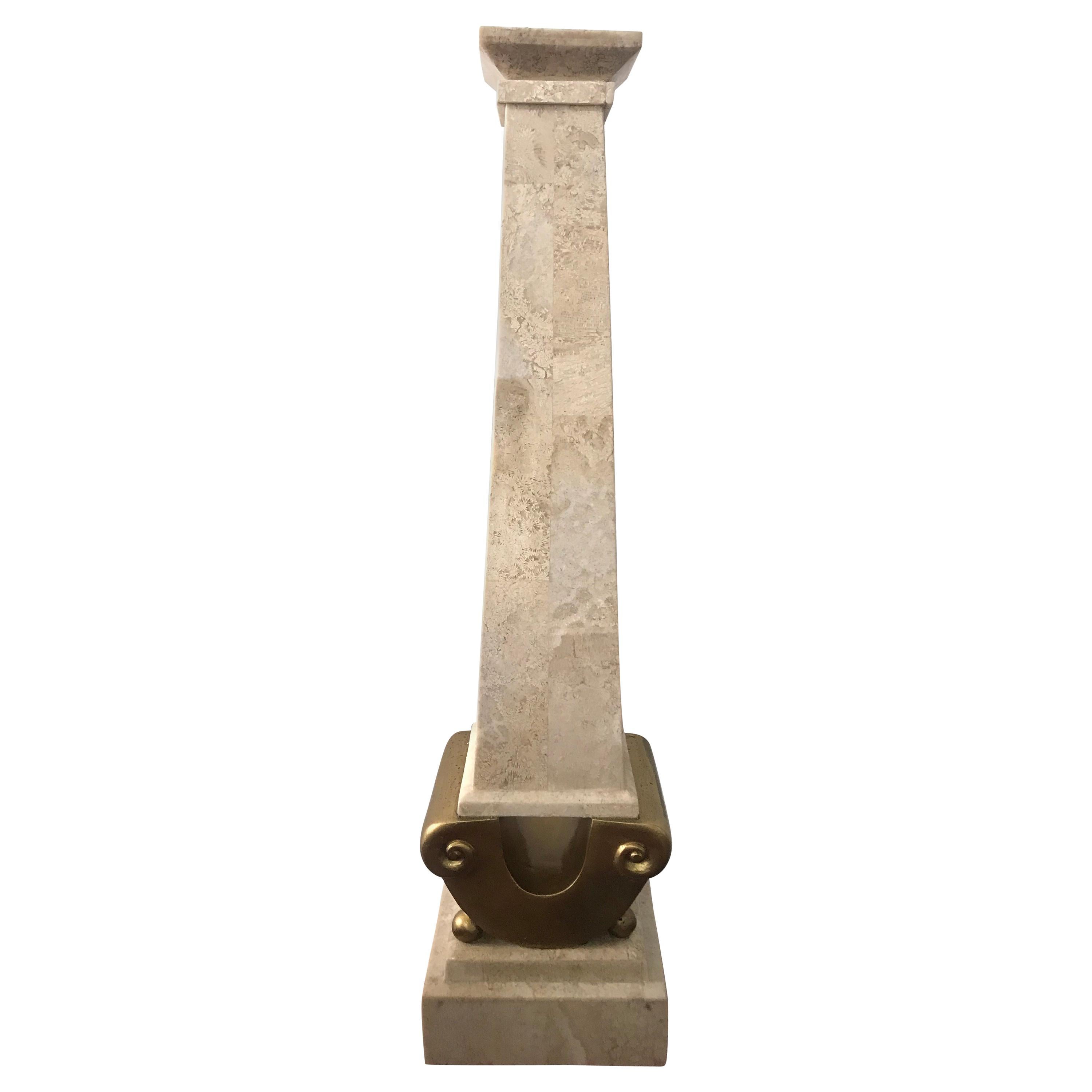 Monumental Maitland Smith Tessellated Marble Stone and Gilt Candlestick For Sale