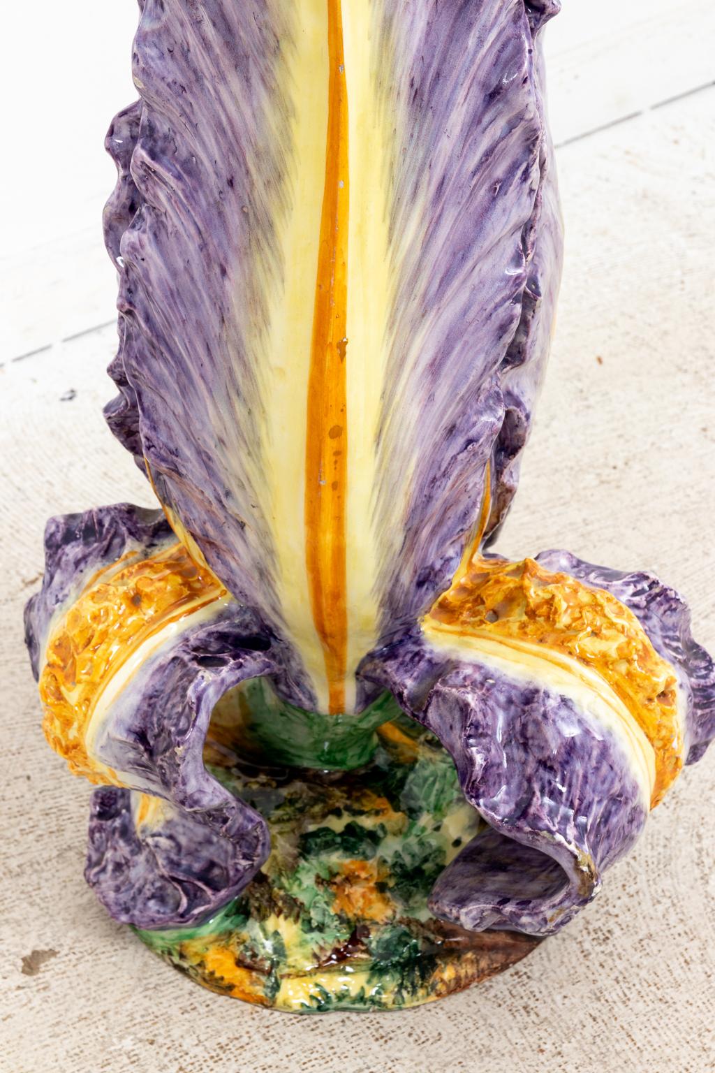 Art Nouveau Monumental Majolica Iris Vase For Sale