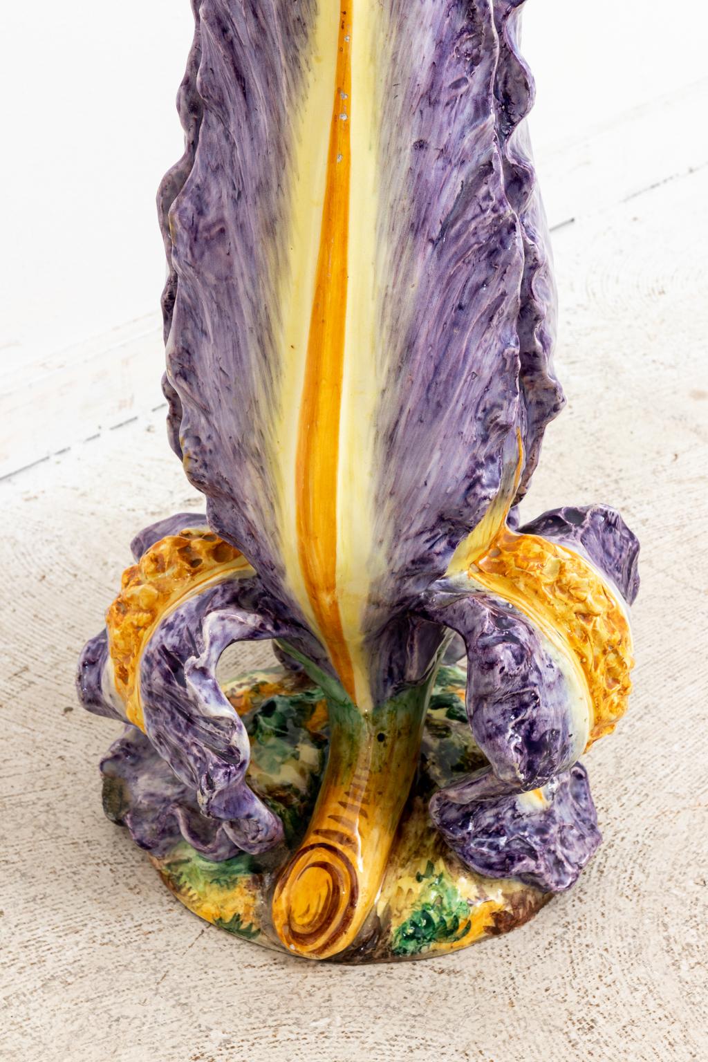 Painted Monumental Majolica Iris Vase For Sale