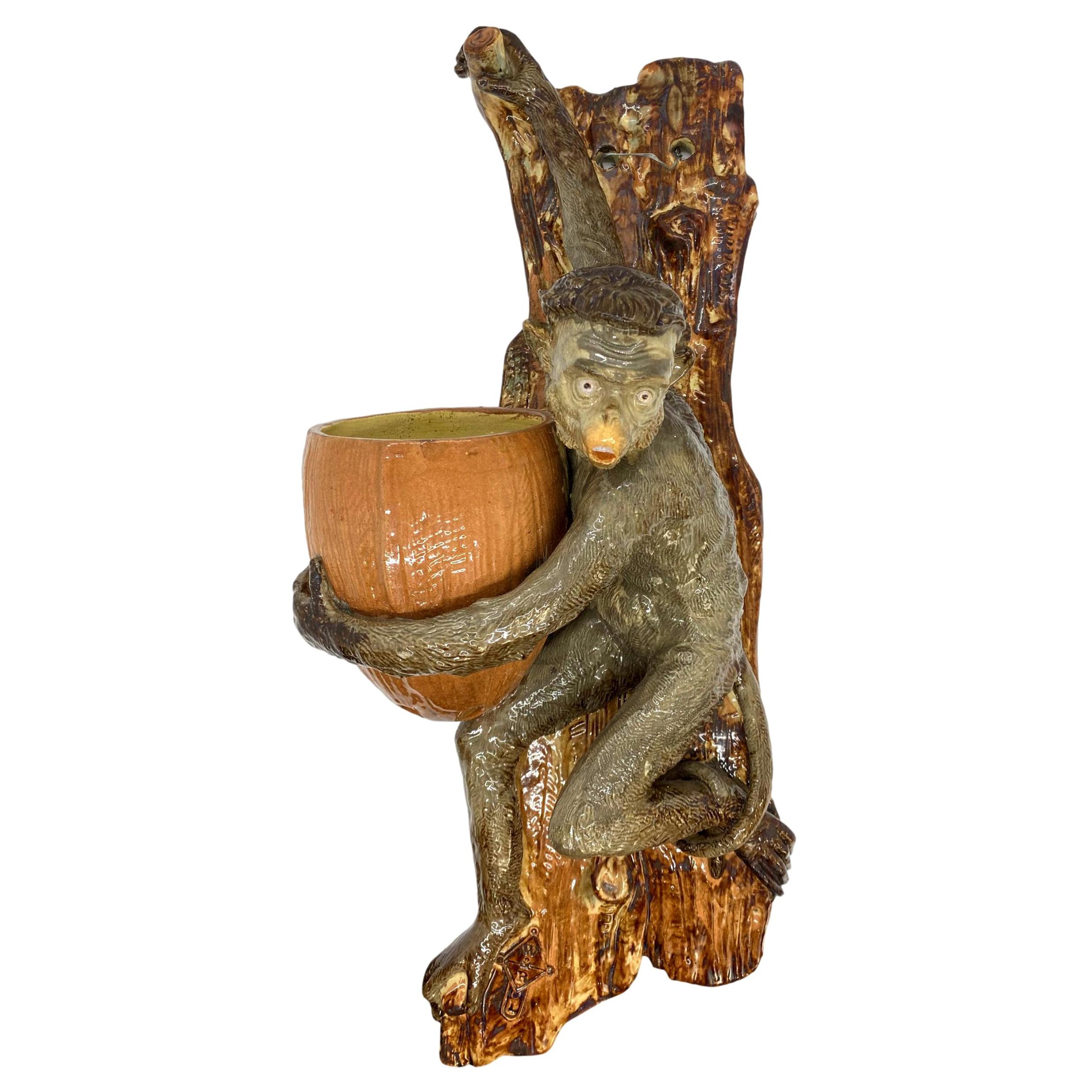 Monumental Majolica Monkey Wall Pocket by Wayte & Ridge, English, ca. 1860 For Sale