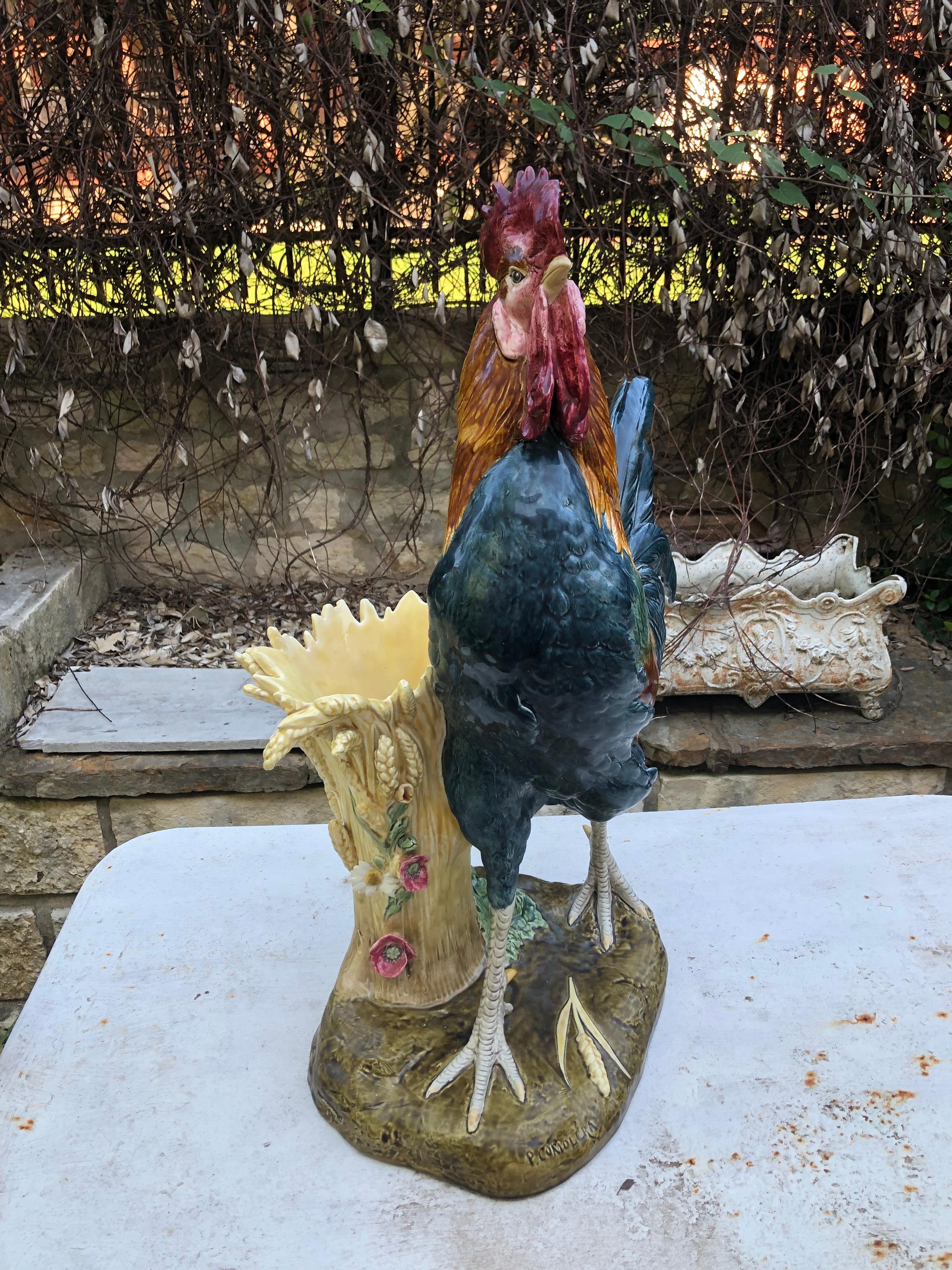 Victorian Monumental Majolica Rooster Vase Choisy Le Roi by Paul Comolera