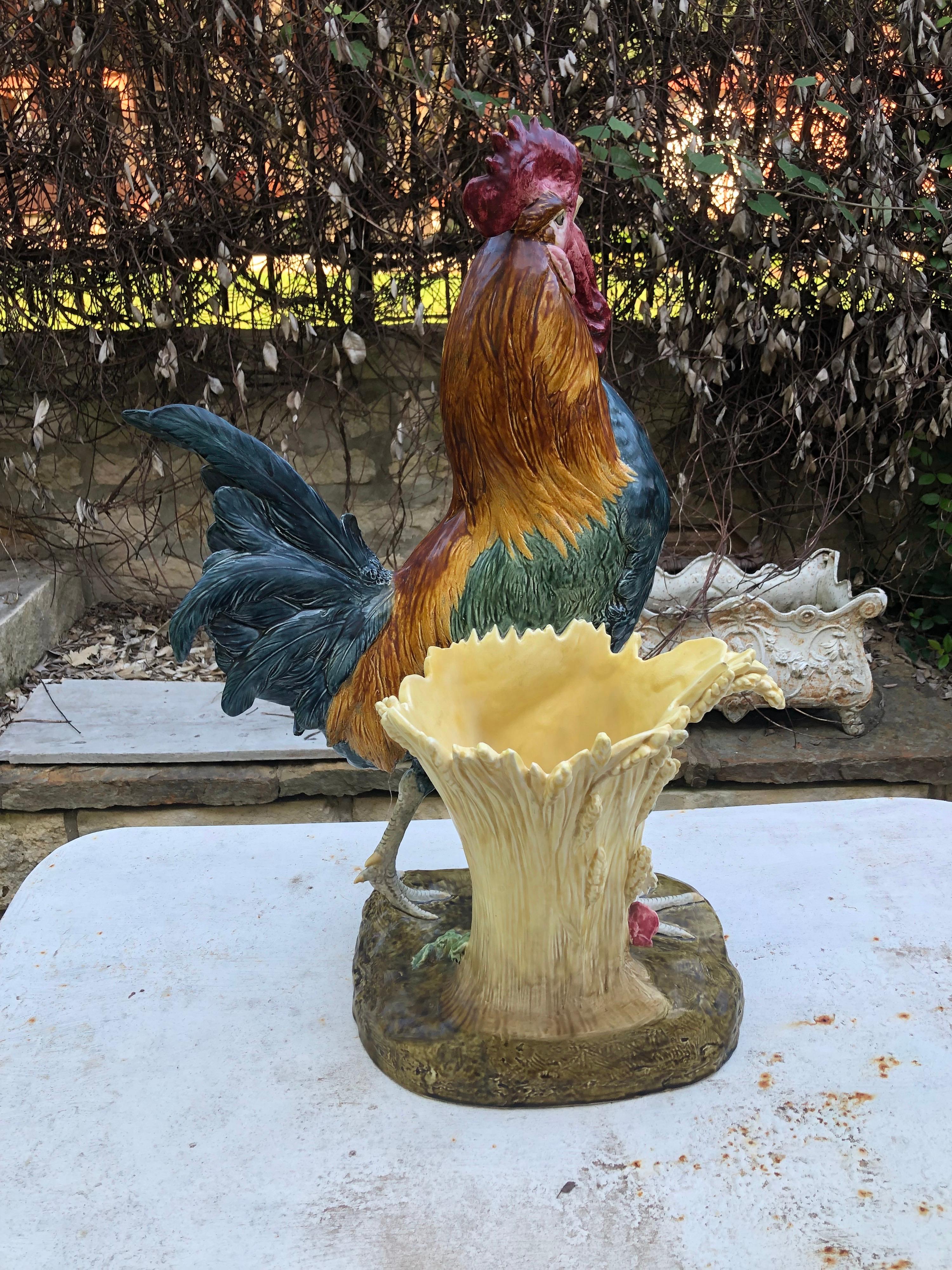 Monumental Majolica Rooster Vase Choisy Le Roi by Paul Comolera In Good Condition In Austin, TX