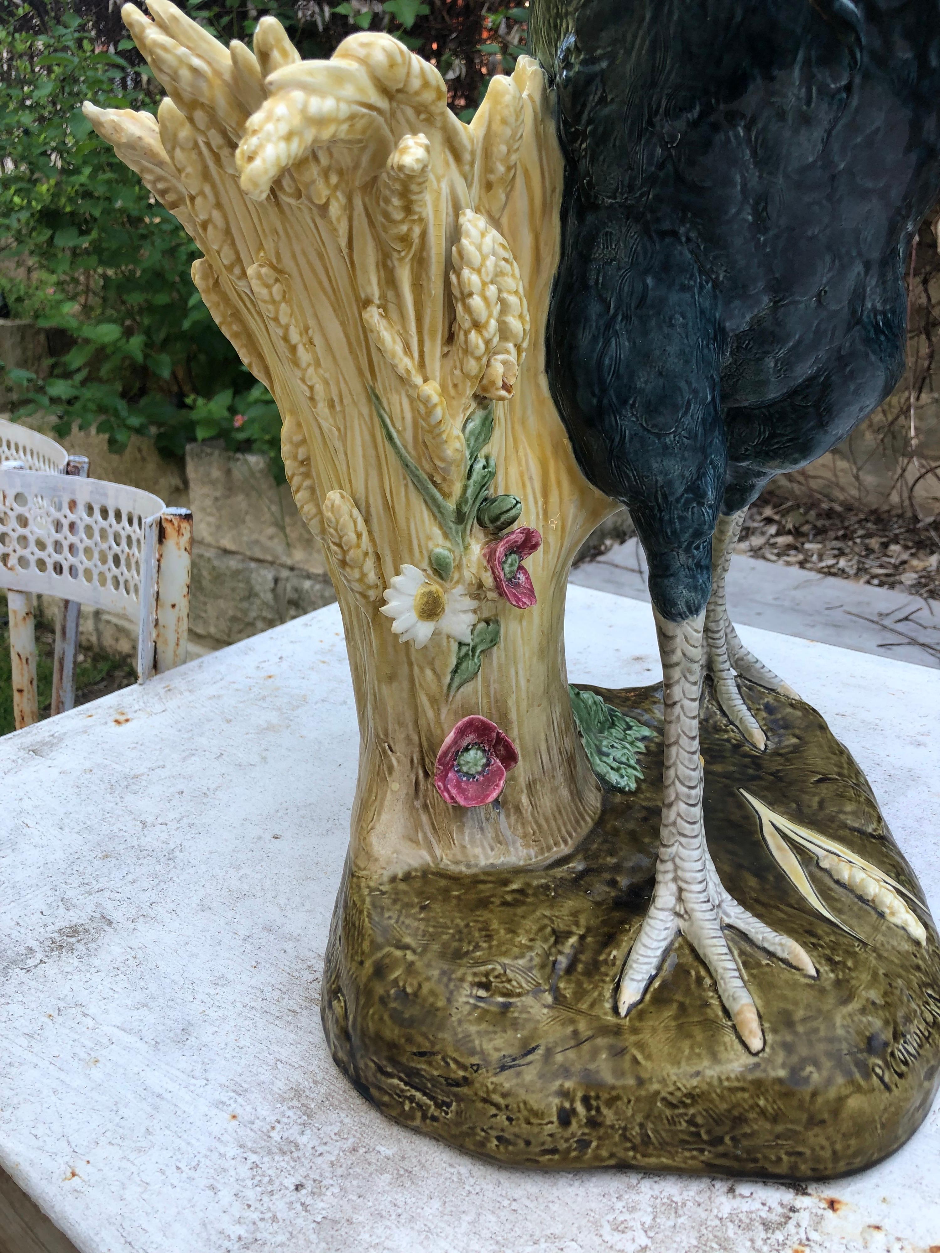 Monumental Majolica Rooster Vase Choisy Le Roi by Paul Comolera 1