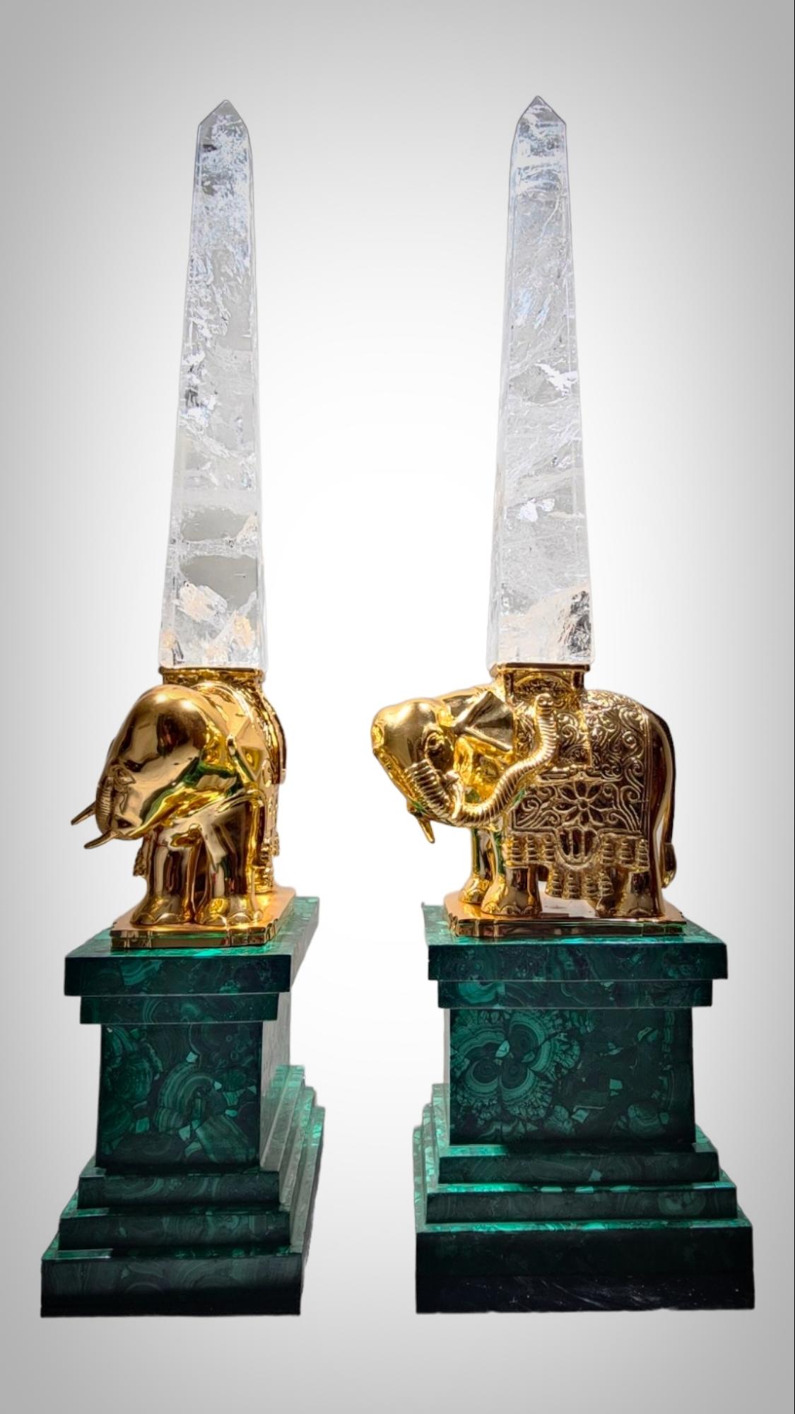 Monumental Malachite Obelisks In Malachite Quartz (Rock Crystal) And Gilt Bronze For Sale 7