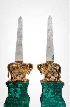Monumentale Obelisken aus Malachit in Malachitquarz (Rockkristall) und vergoldeter Bronze