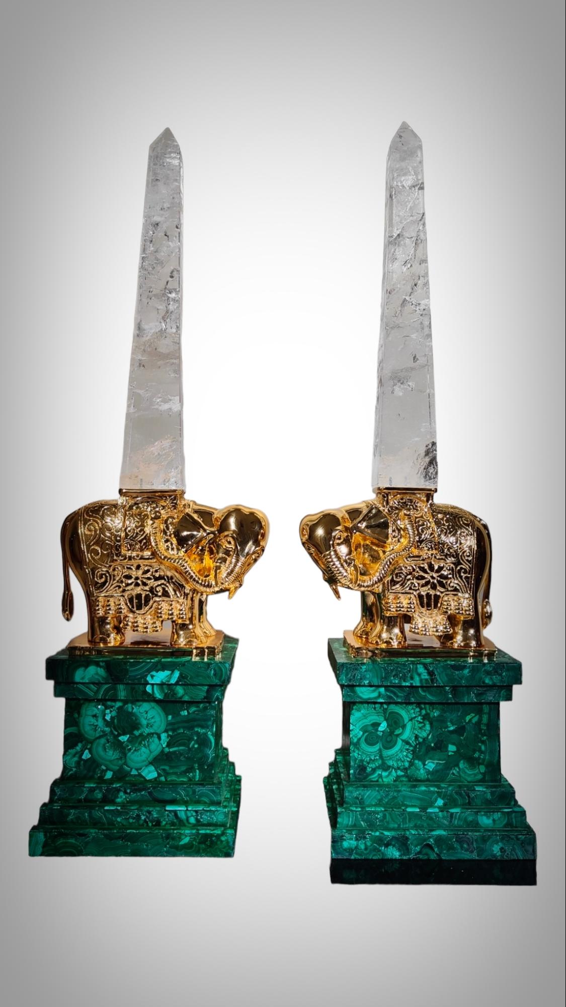 Mid-20th Century Monumental Malachite Obelisks In Malachite Quartz (Rock Crystal) And Gilt Bronze For Sale