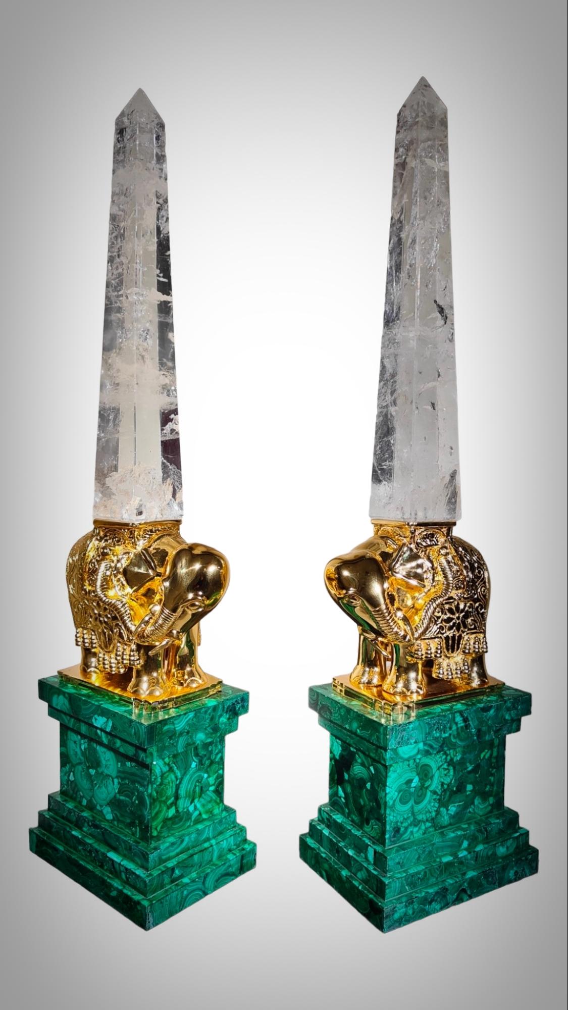 Monumental Malachite Obelisks In Malachite Quartz (Rock Crystal) And Gilt Bronze For Sale 2